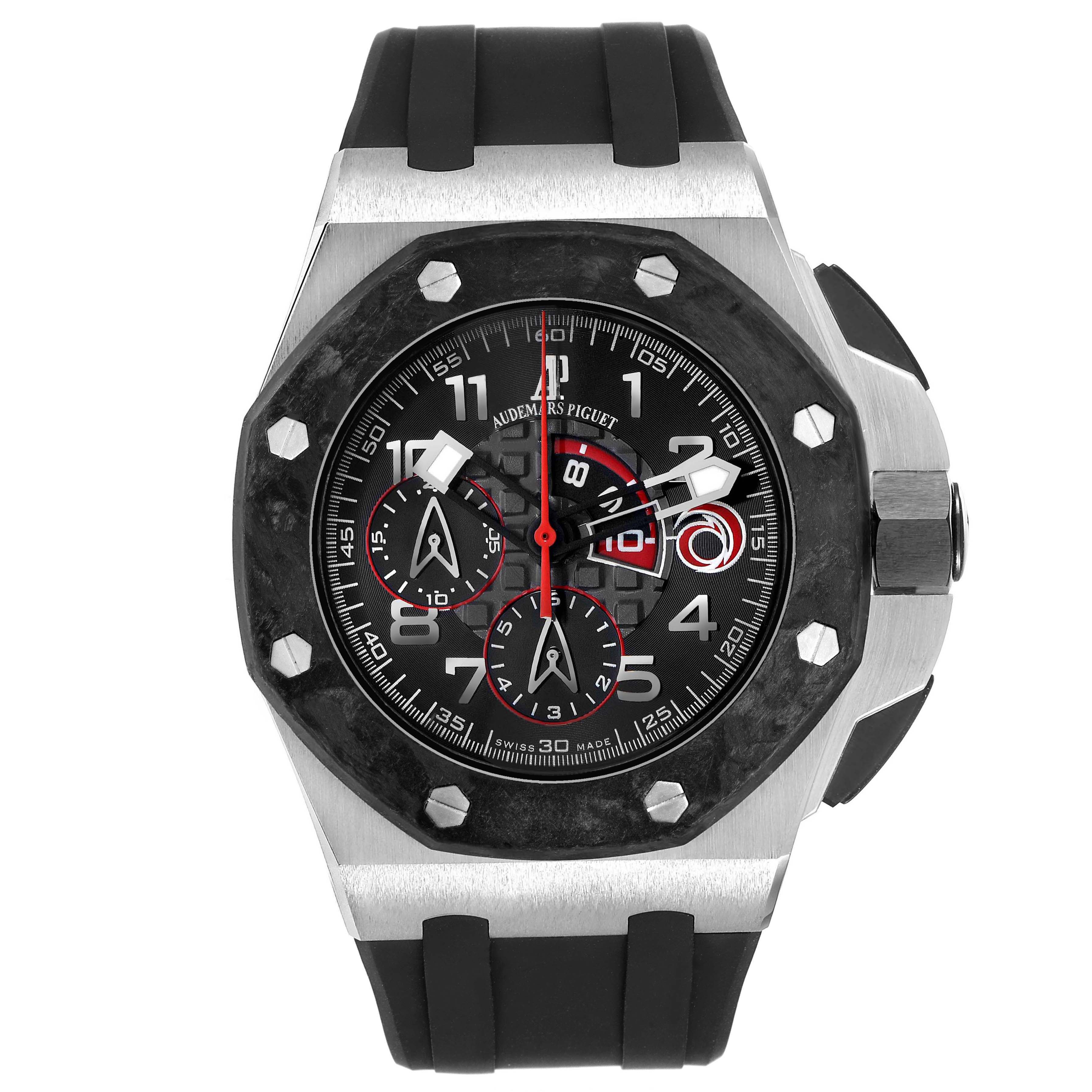 The Audemars Piguet Royal Oak Offshore 26062PT.OO.A002CA.01 Men's Platinum Black Dial watch is shown from a top view, highlighting its face, bezel, and strap.