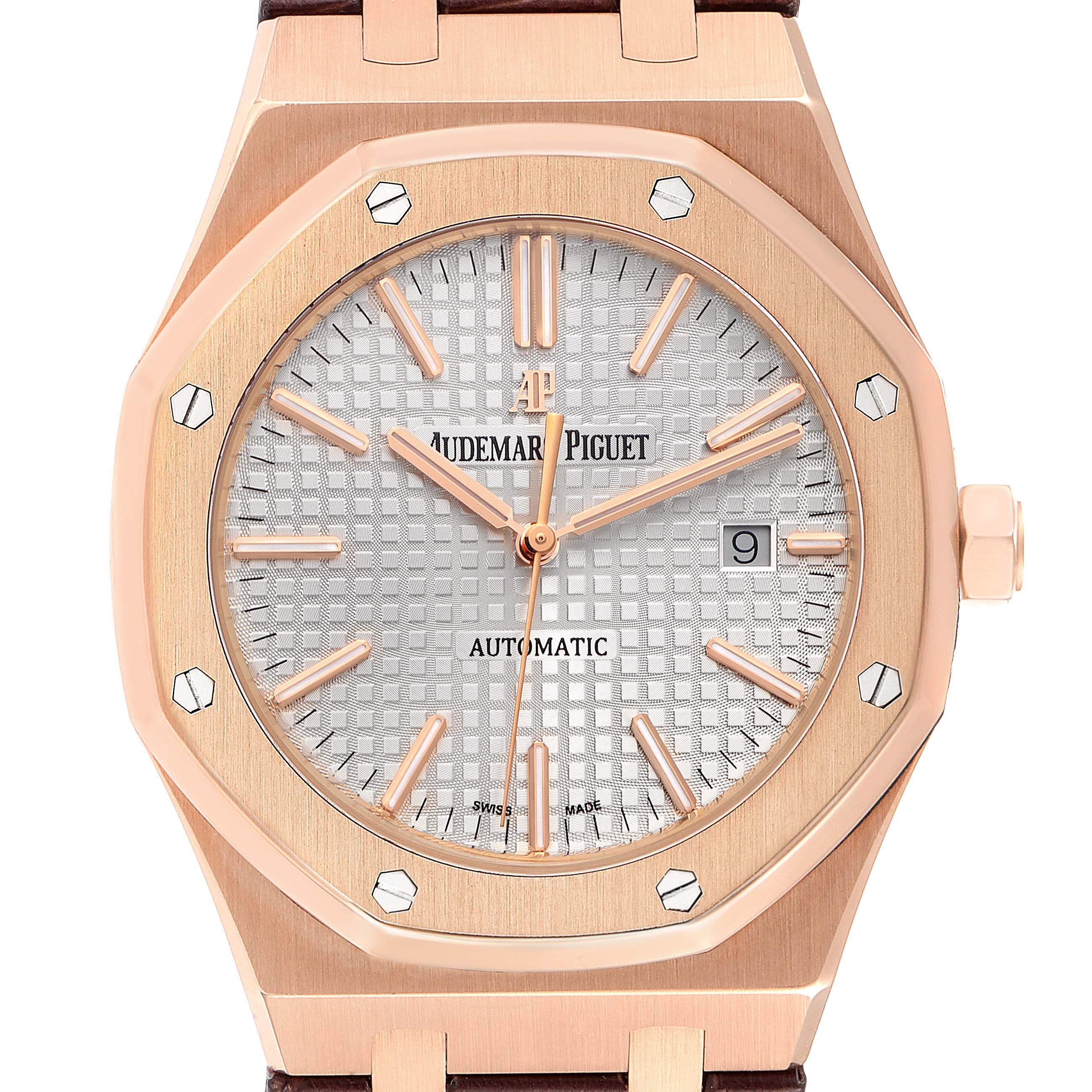The image shows a front view of an Audemars Piguet Royal Oak 15400OR.OO.D088CR.01 Men's Rose Gold White Dial 15400OR.OO.D088CR.01 Men's Rose Gold White Dial watch, highlighting its octagonal bezel, dial, and crown.