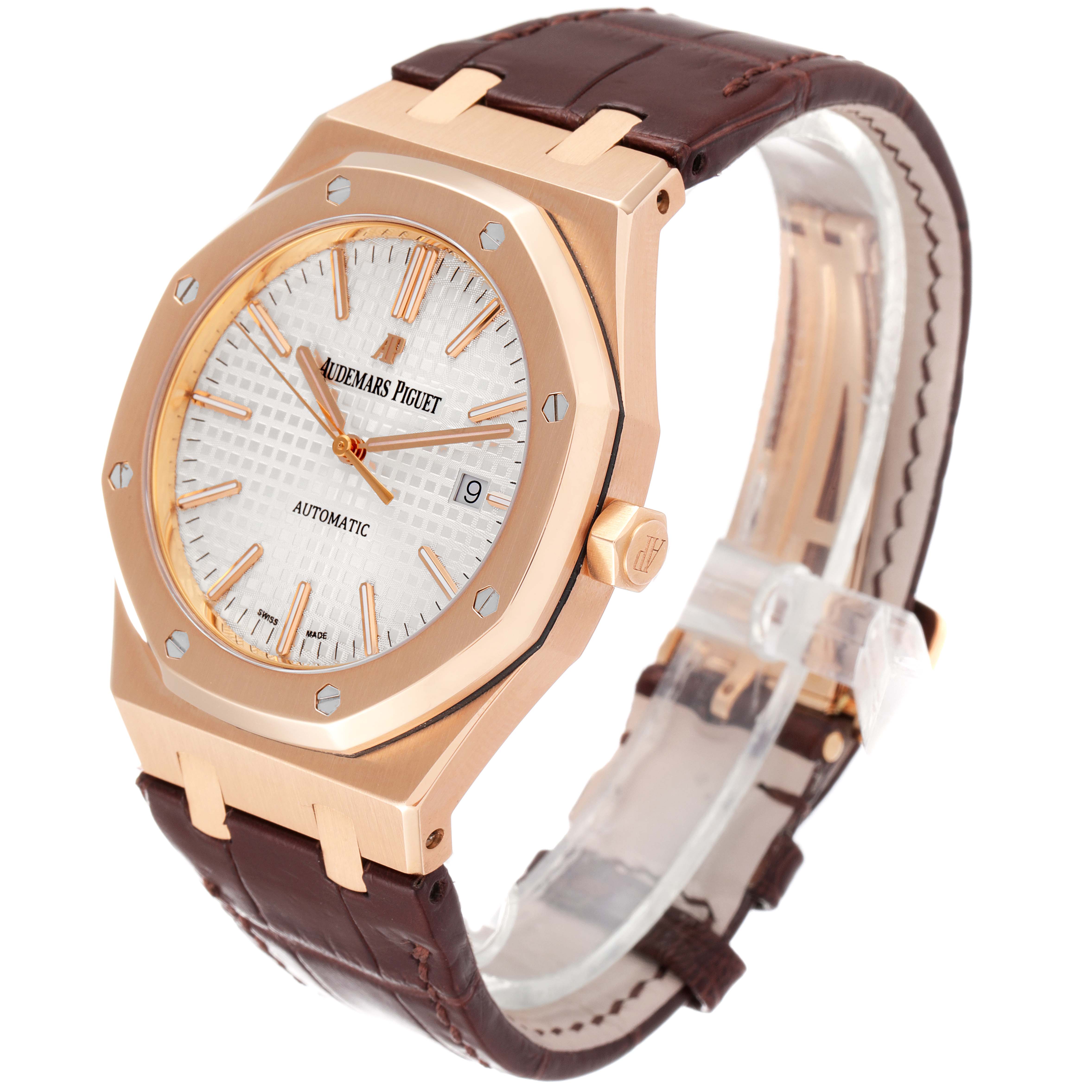 The image shows an Audemars Piguet Royal Oak 15400OR.OO.D088CR.01 Men's Rose Gold White Dial 15400OR.OO.D088CR.01 Men's Rose Gold White Dial watch at an angled side view, highlighting the face, bezel, crown, and strap.