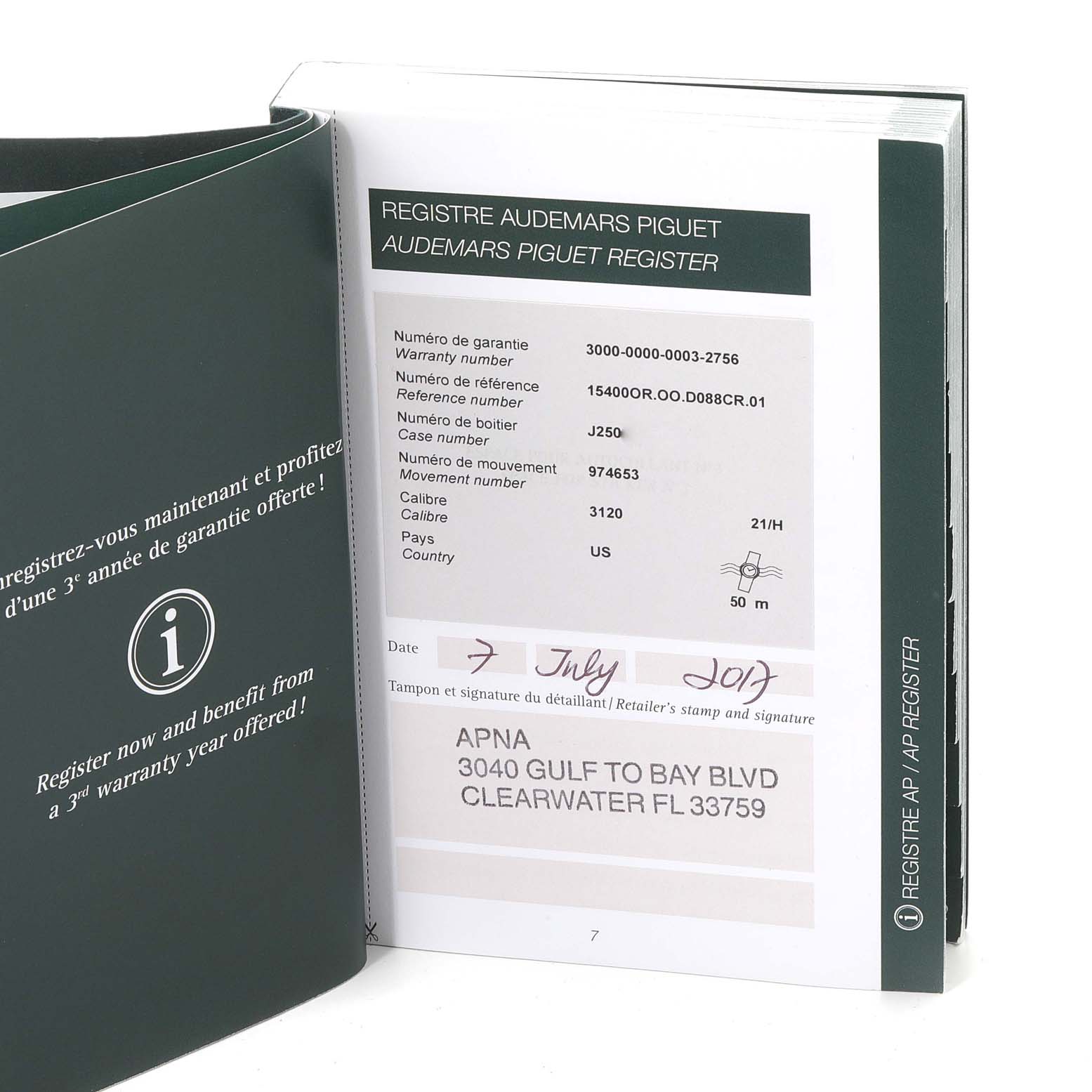 This image shows the warranty and registration booklet for the Audemars Piguet Royal Oak 15400OR.OO.D088CR.01 Men's Rose Gold White Dial 15400OR.OO.D088CR.01 Men's Rose Gold White Dial model.