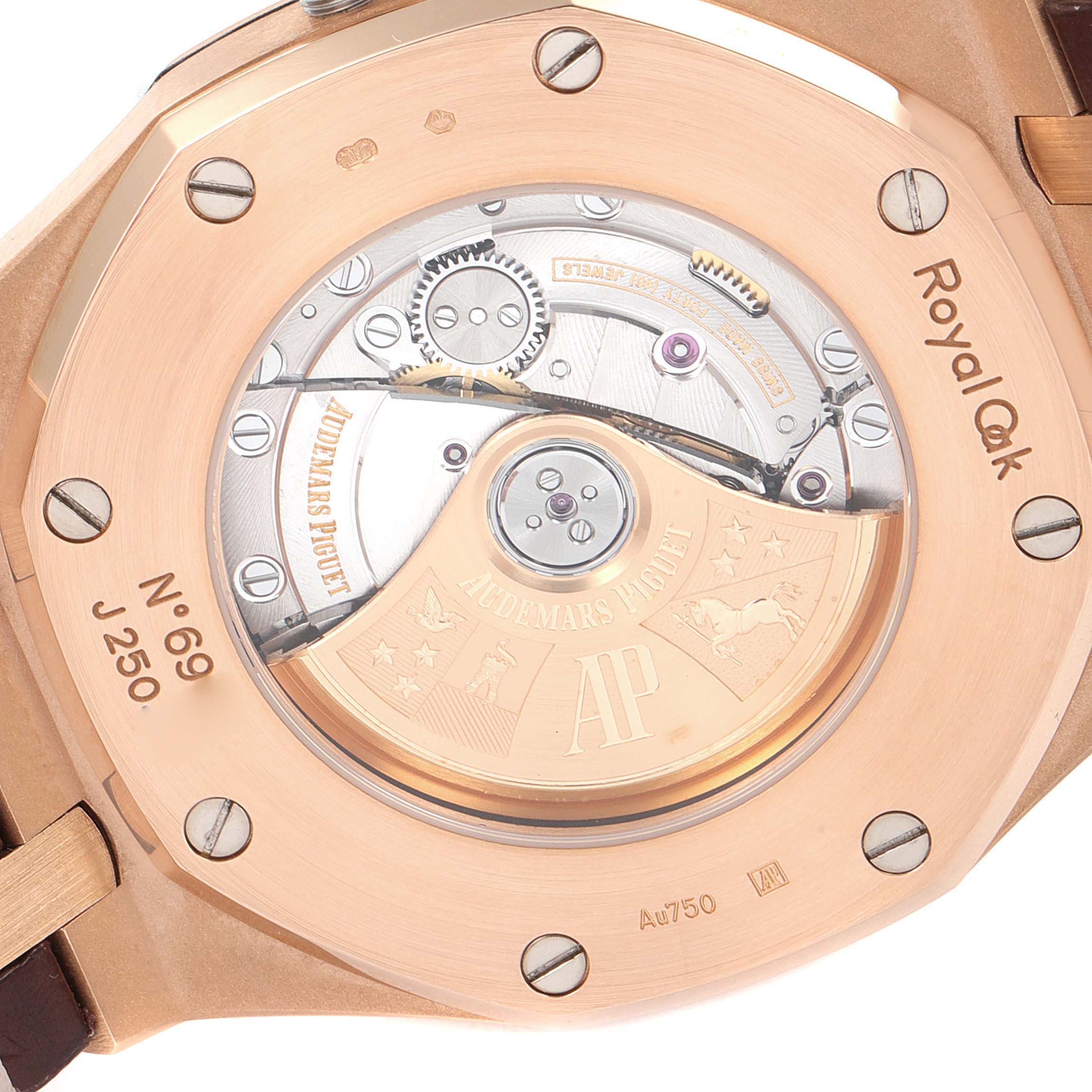 This image shows the back of the Audemars Piguet Royal Oak 15400OR.OO.D088CR.01 Men's Rose Gold White Dial 15400OR.OO.D088CR.01 Men's Rose Gold White Dial watch, highlighting the movement and engravings.