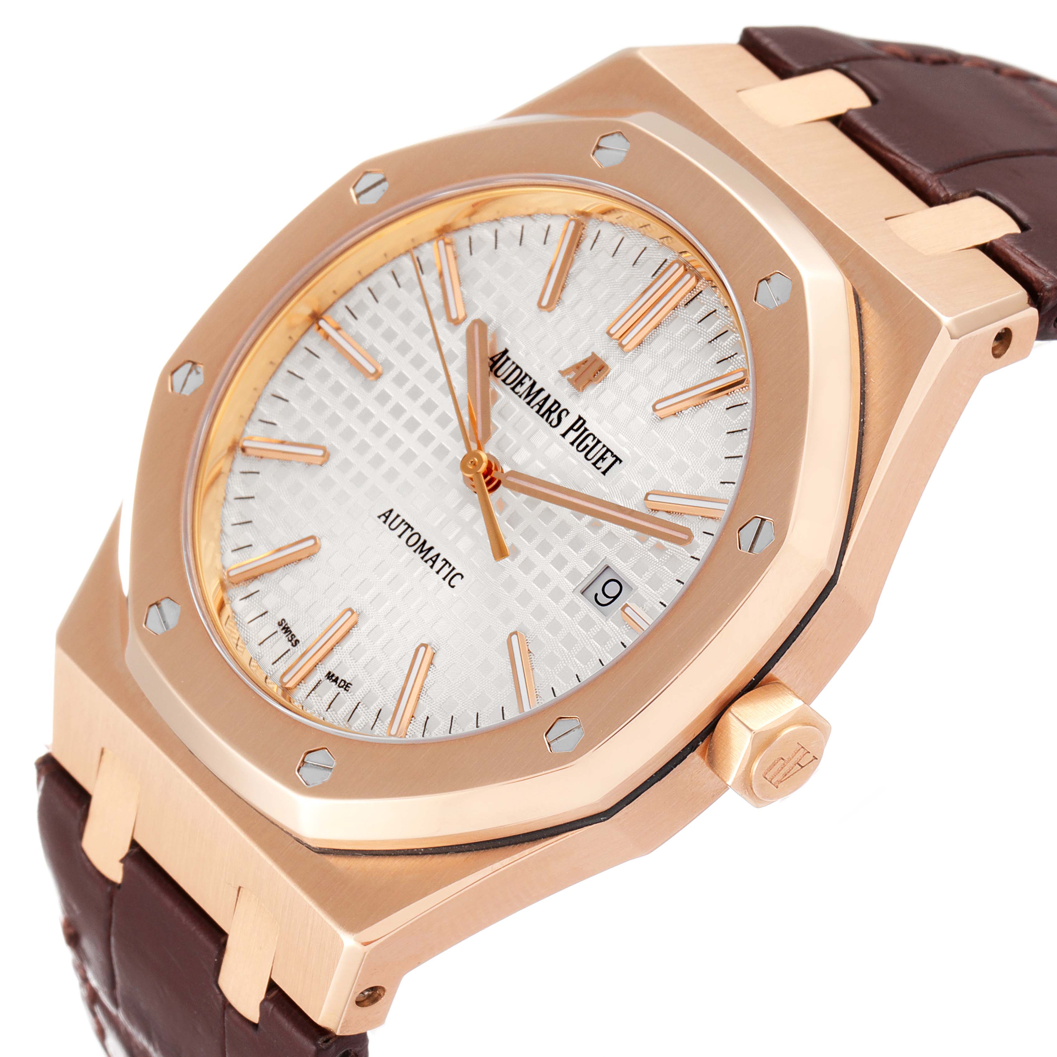 The image shows a close-up angle of the Audemars Piguet Royal Oak 15400OR.OO.D088CR.01 Men's Rose Gold White Dial 15400OR.OO.D088CR.01 Men's Rose Gold White Dial watch, highlighting its octagonal bezel, dial, and crown.