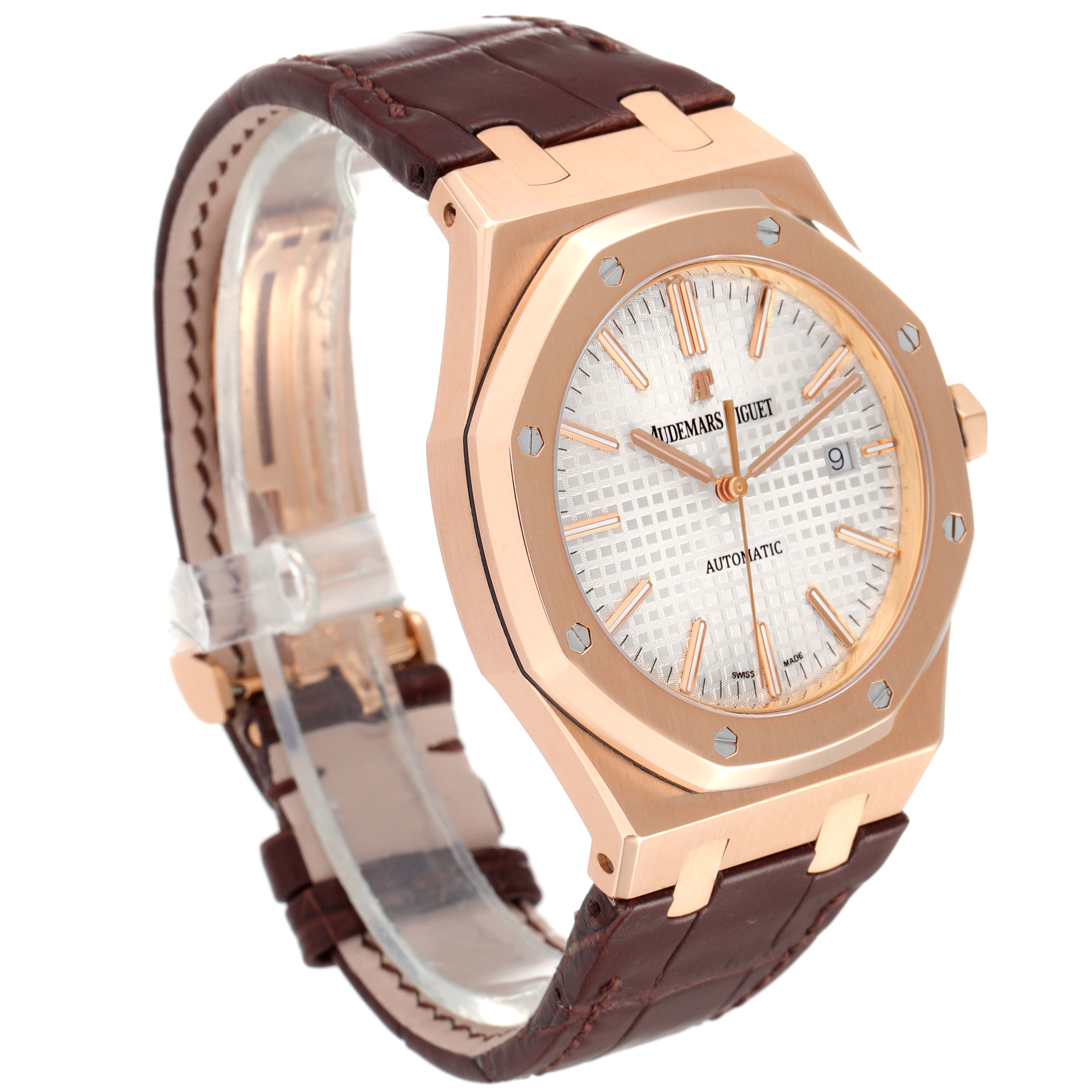 The image shows a side-angle view of a Royal Oak model by Audemars Piguet, highlighting the case, bezel, dial, and leather strap.