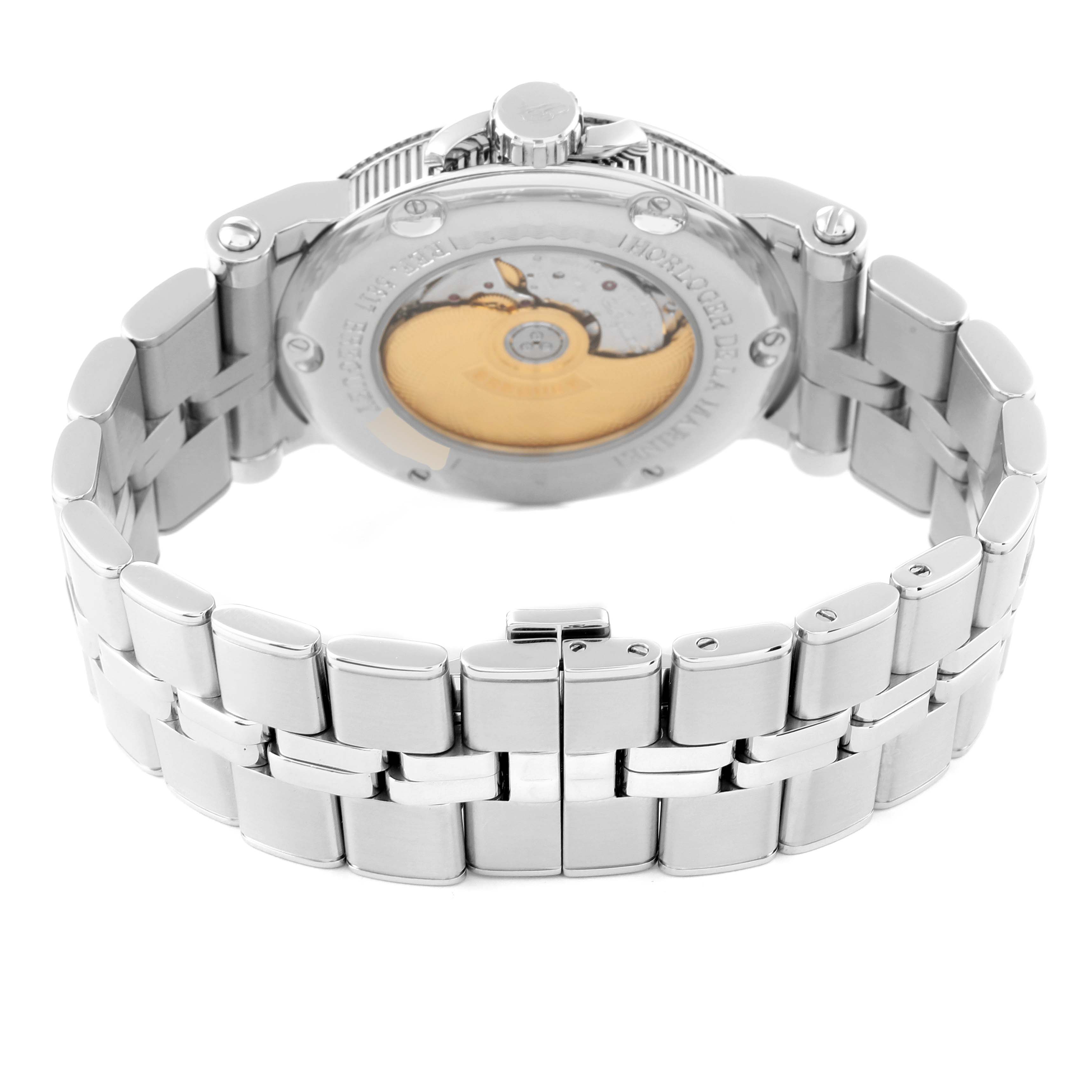 This image shows the back view of a Breguet Marine 5817ST/Y2/SV0 Men's Stainless Steel Blue Dial 5817ST/Y2/SV0 Men's Stainless Steel Blue Dial model watch, featuring its bracelet and exposed automatic movement.