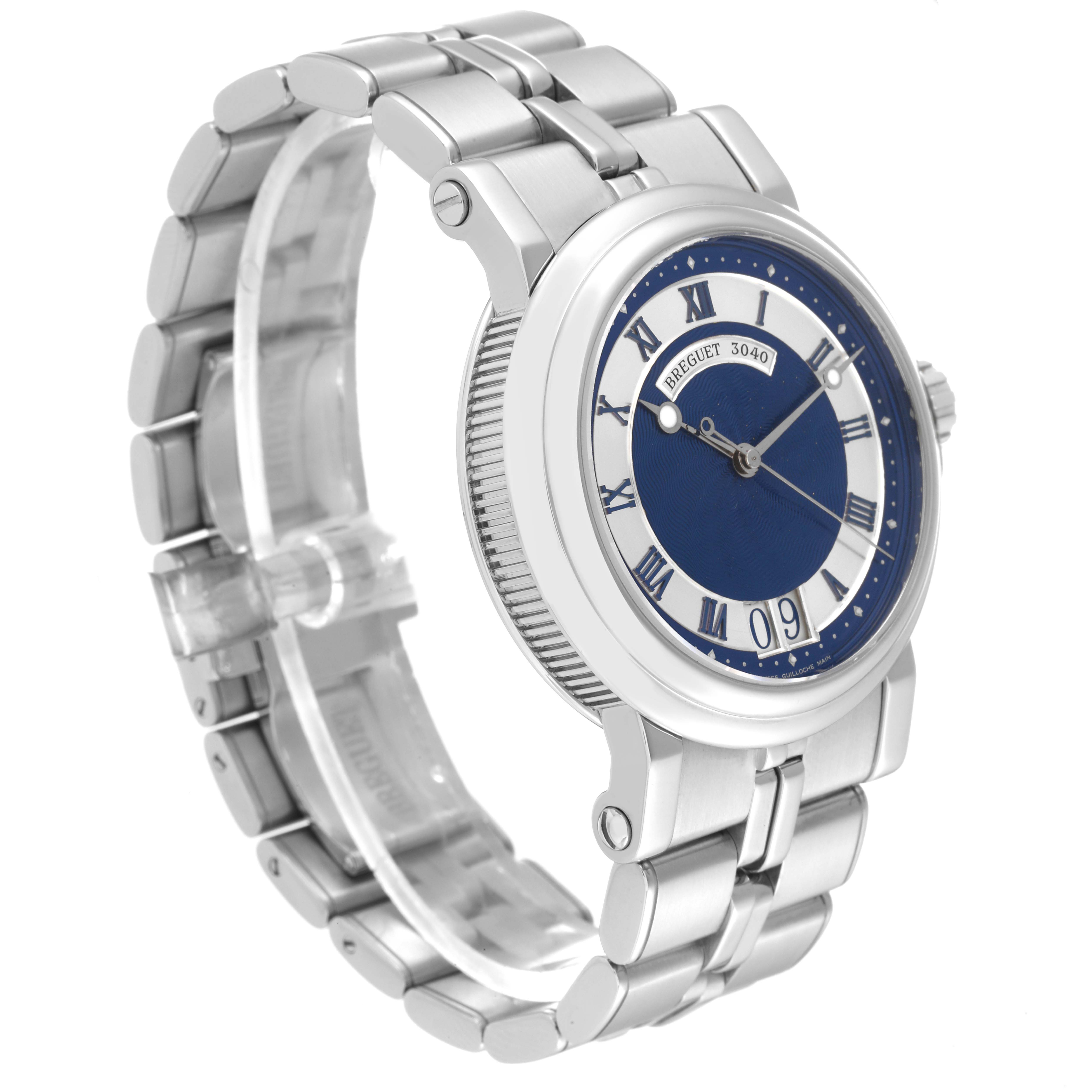 The image shows a side angle of a Breguet Marine 5817ST/Y2/SV0 Men's Stainless Steel Blue Dial 5817ST/Y2/SV0 Men's Stainless Steel Blue Dial watch featuring its blue dial and metal bracelet.