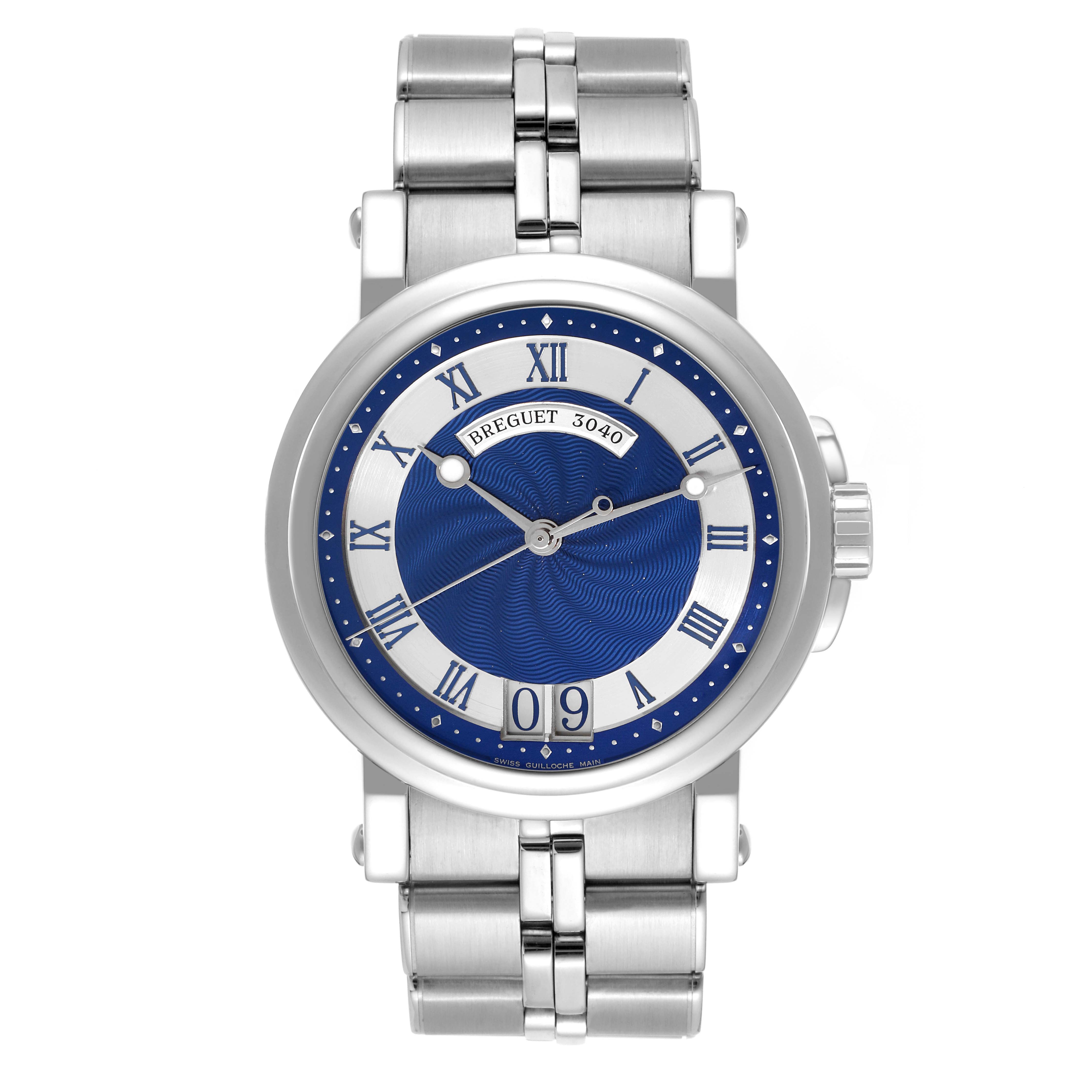 The image shows a front view of the Breguet Marine 5817ST/Y2/SV0 Men's Stainless Steel Blue Dial 5817ST/Y2/SV0 Men's Stainless Steel Blue Dial model watch, highlighting its blue dial, silver Roman numerals, and metal bracelet.