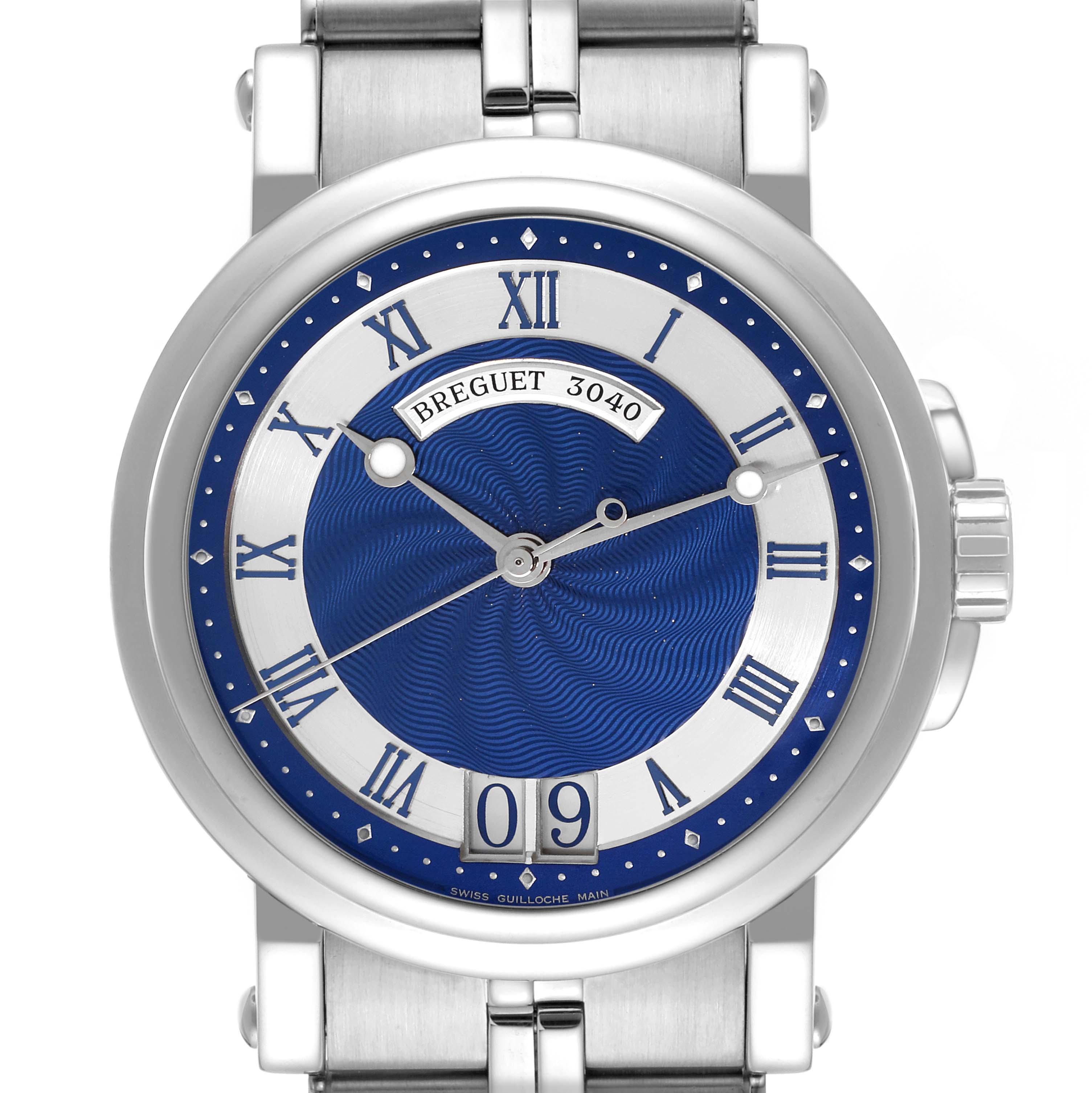 A Breguet Marine 5817ST/Y2/SV0 Men's Stainless Steel Blue Dial 5817ST/Y2/SV0 Men's Stainless Steel Blue Dial model watch is shown from a front angle, highlighting its blue and silver dial, Roman numerals, and metal bracelet.