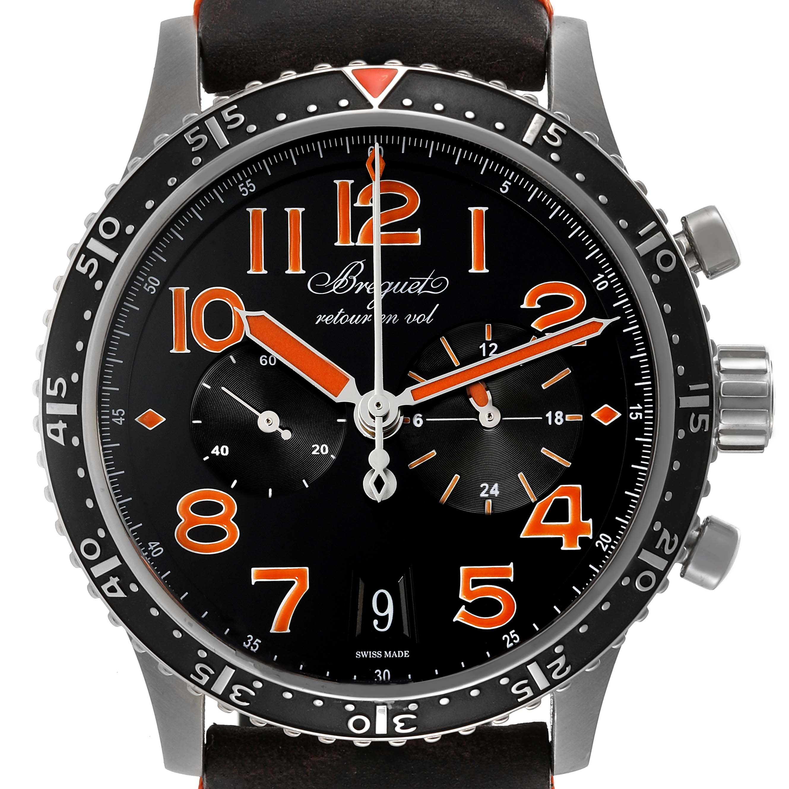 This image shows a frontal view of the Breguet Type XX - XXI - XXII 3815TI/HO/3ZU Men's Titanium Black Dial 3815TI/HO/3ZU Men's Titanium Black Dial watch, highlighting the dial, bezel, and chronograph buttons.
