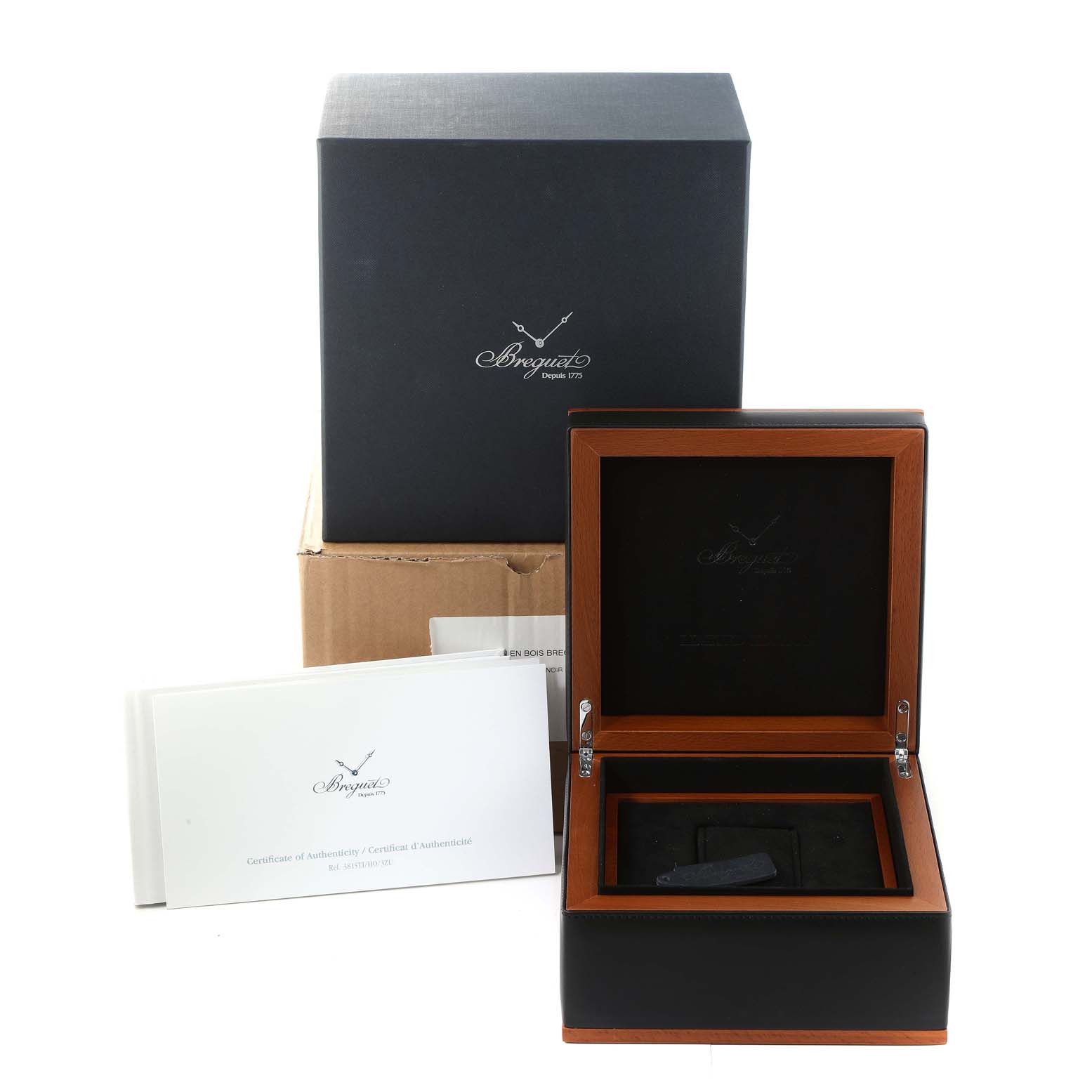 The image shows the packaging and presentation box for the Breguet Type XX - XXI - XXII 3815TI/HO/3ZU Men's Titanium Black Dial 3815TI/HO/3ZU Men's Titanium Black Dial model with authenticity documents.