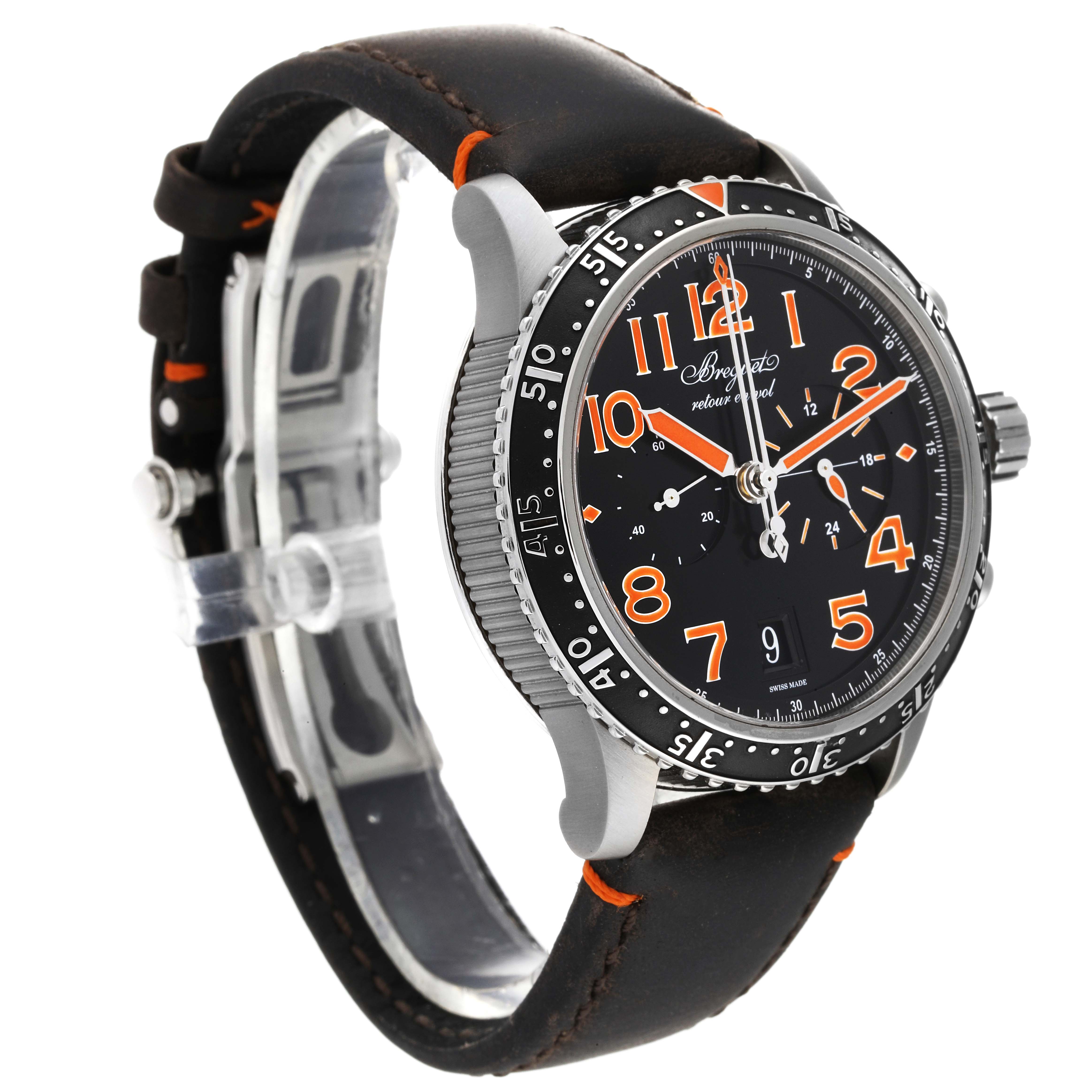 The Breguet Type XX - XXI - XXII 3815TI/HO/3ZU Men's Titanium Black Dial 3815TI/HO/3ZU Men's Titanium Black Dial watch is shown at a slight angle highlighting the bezel, dial, and leather strap.