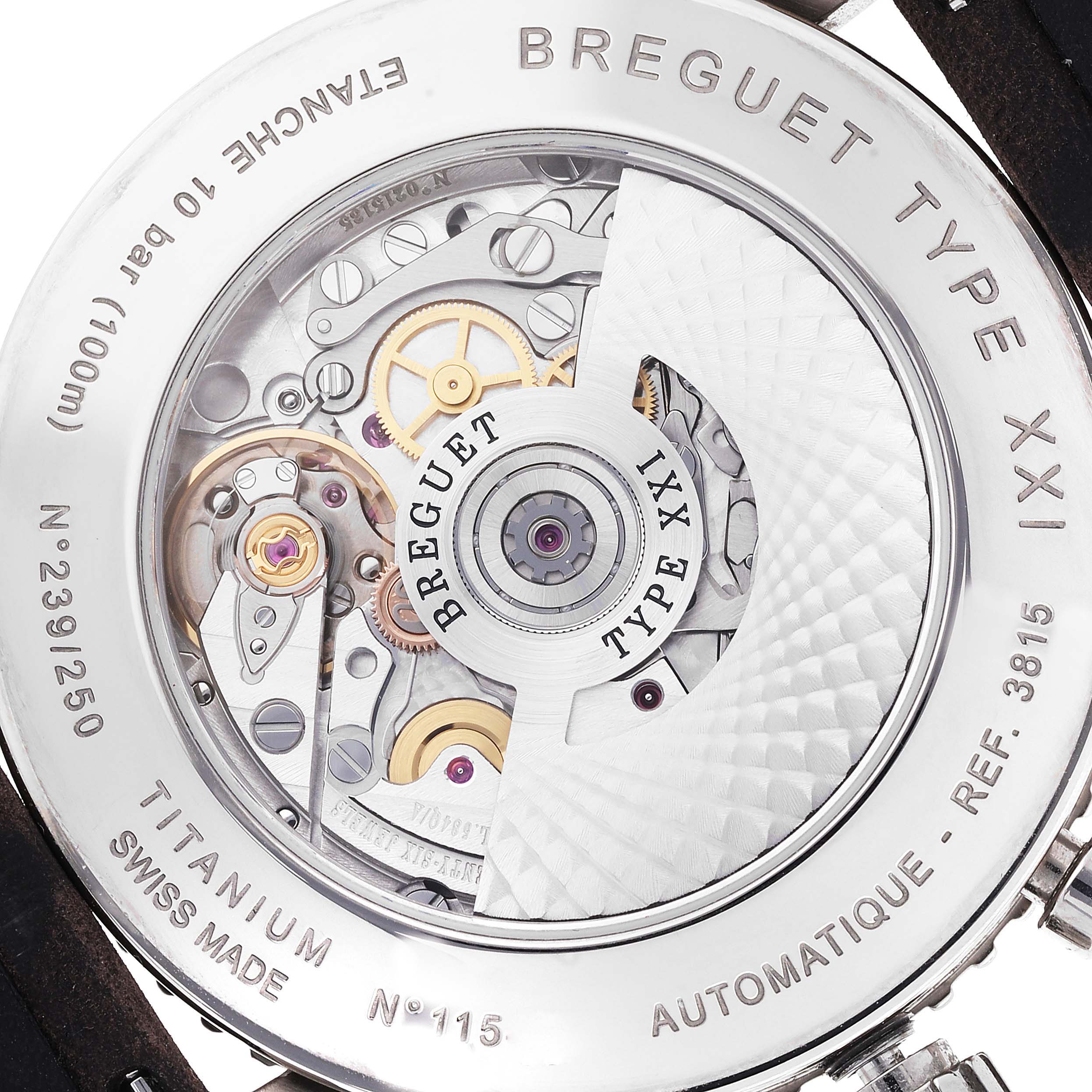 This image displays the back casing and internal mechanism of a Breguet Type XXI watch.