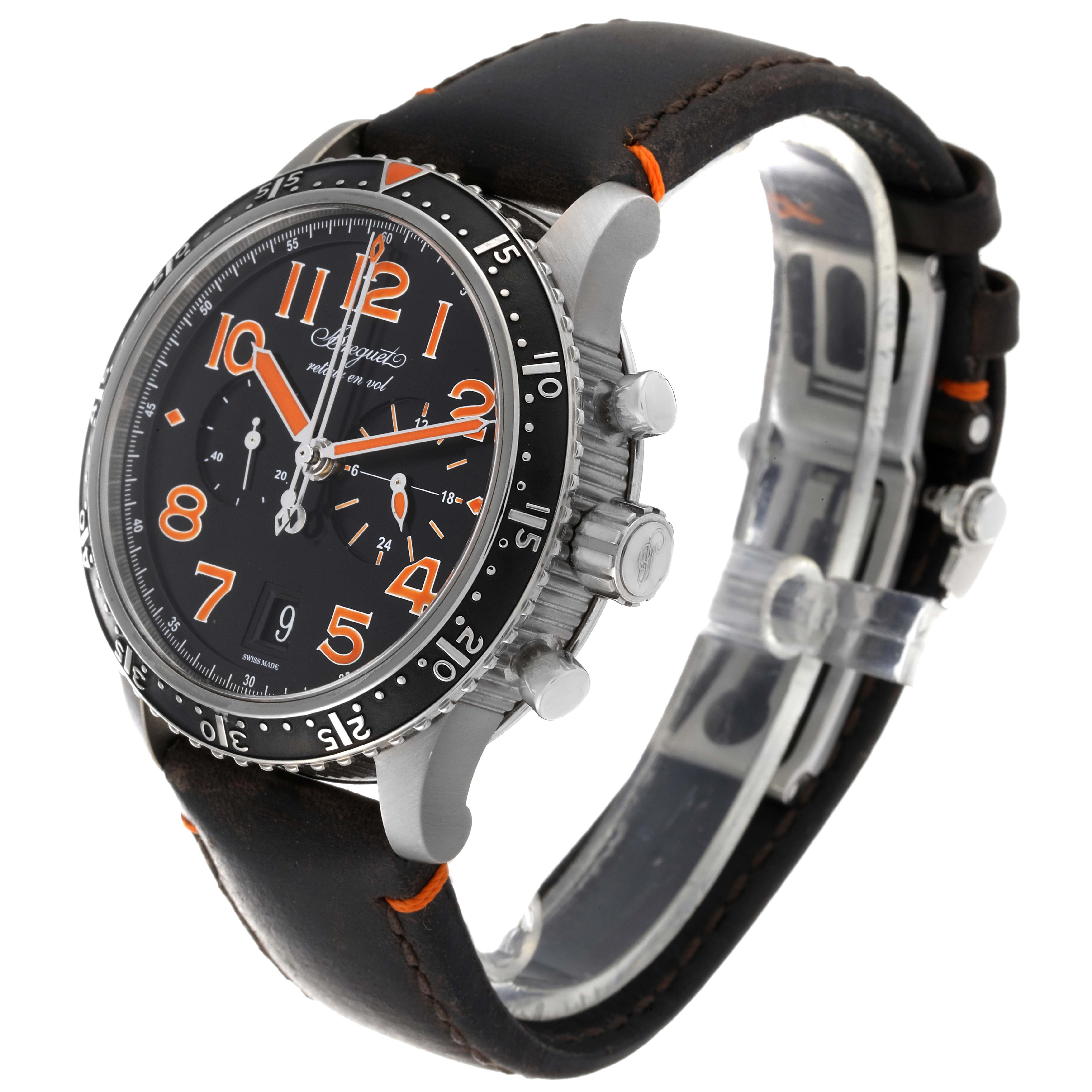 The image shows a Breguet Type XX - XXI - XXII 3815TI/HO/3ZU Men's Titanium Black Dial 3815TI/HO/3ZU Men's Titanium Black Dial model watch at a three-quarter angle displaying the face, bezel, crown, and strap.