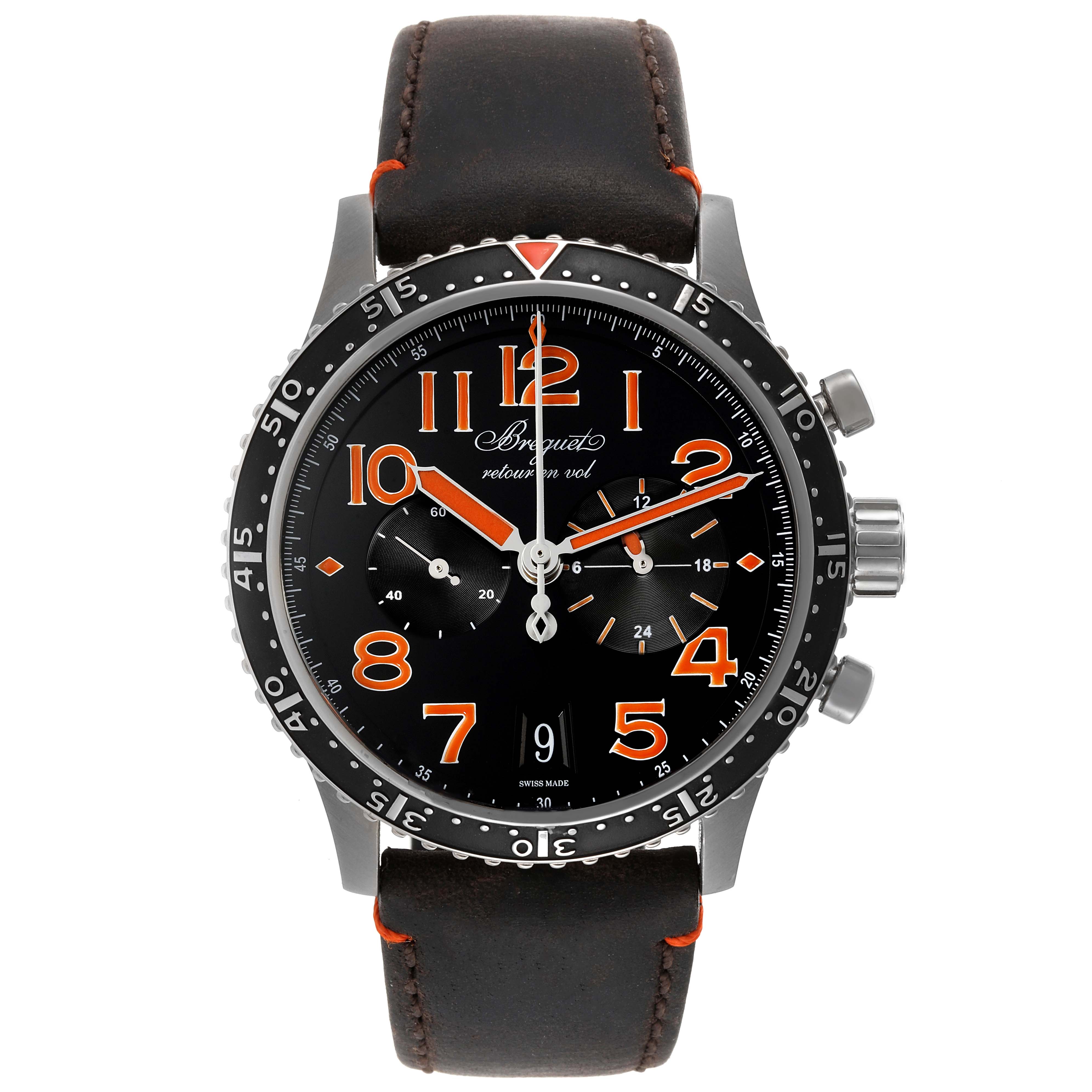 The Breguet Type XX - XXI - XXII 3815TI/HO/3ZU Men's Titanium Black Dial 3815TI/HO/3ZU Men's Titanium Black Dial watch is shown in a front view, highlighting the dial, numerals, and push-buttons on the side.