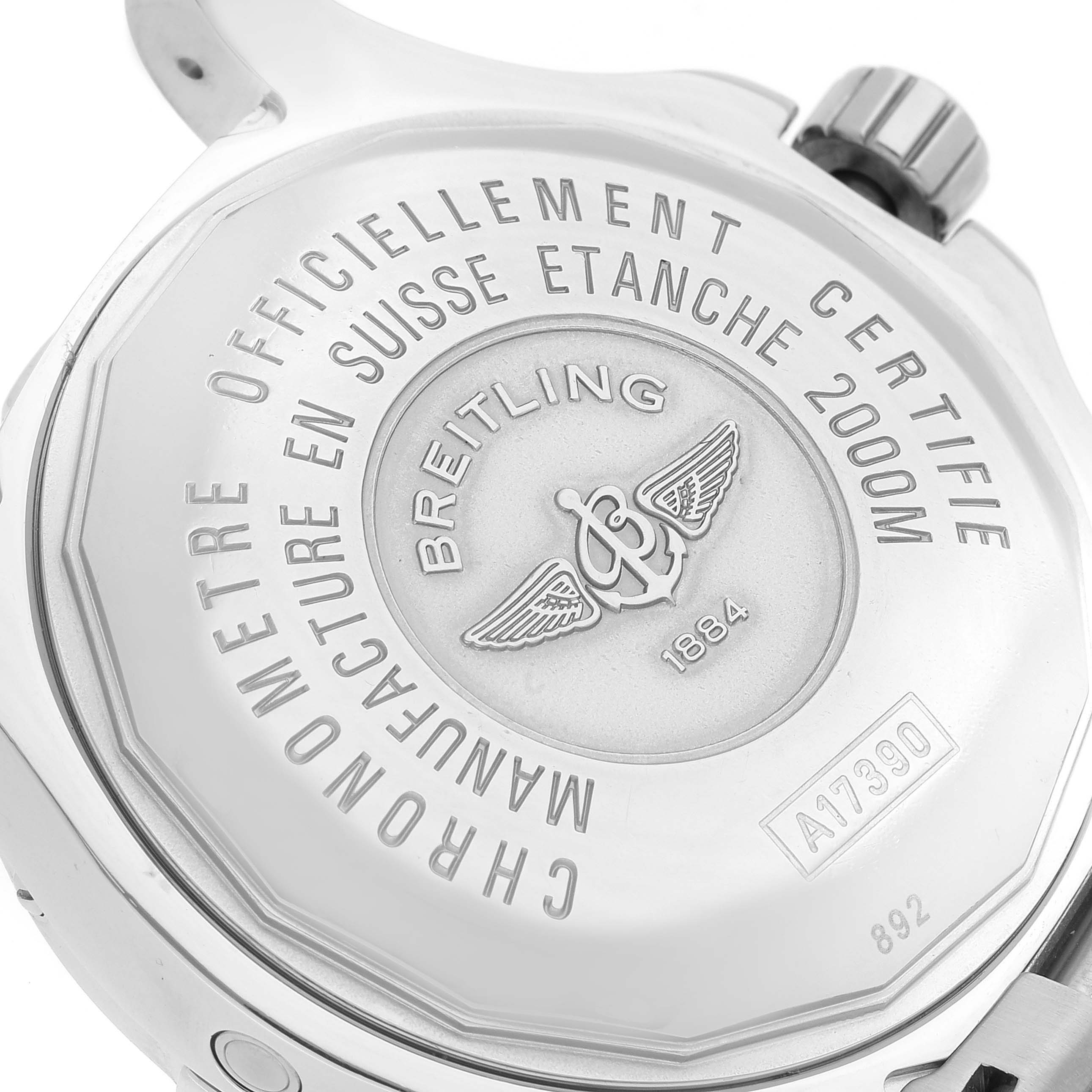 The image shows the back case of a Breitling Superocean A17390 Men's Stainless Steel Blue Dial A17390 Men's Stainless Steel Blue Dial watch, highlighting its engravings and water resistance details.