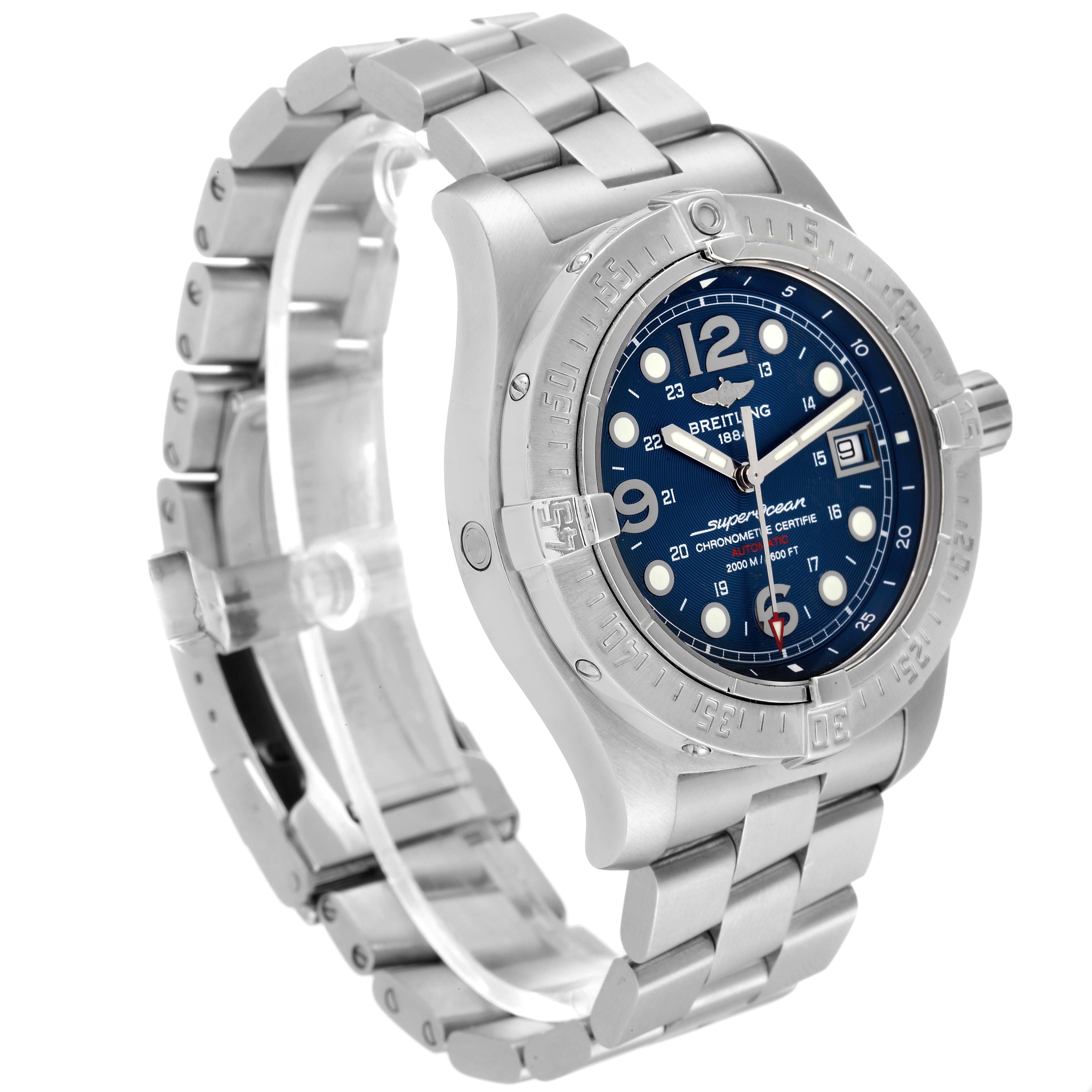 This image shows a Breitling Superocean A17390 Men's Stainless Steel Blue Dial A17390 Men's Stainless Steel Blue Dial watch at an angled view, highlighting its stainless steel bracelet and blue dial.
