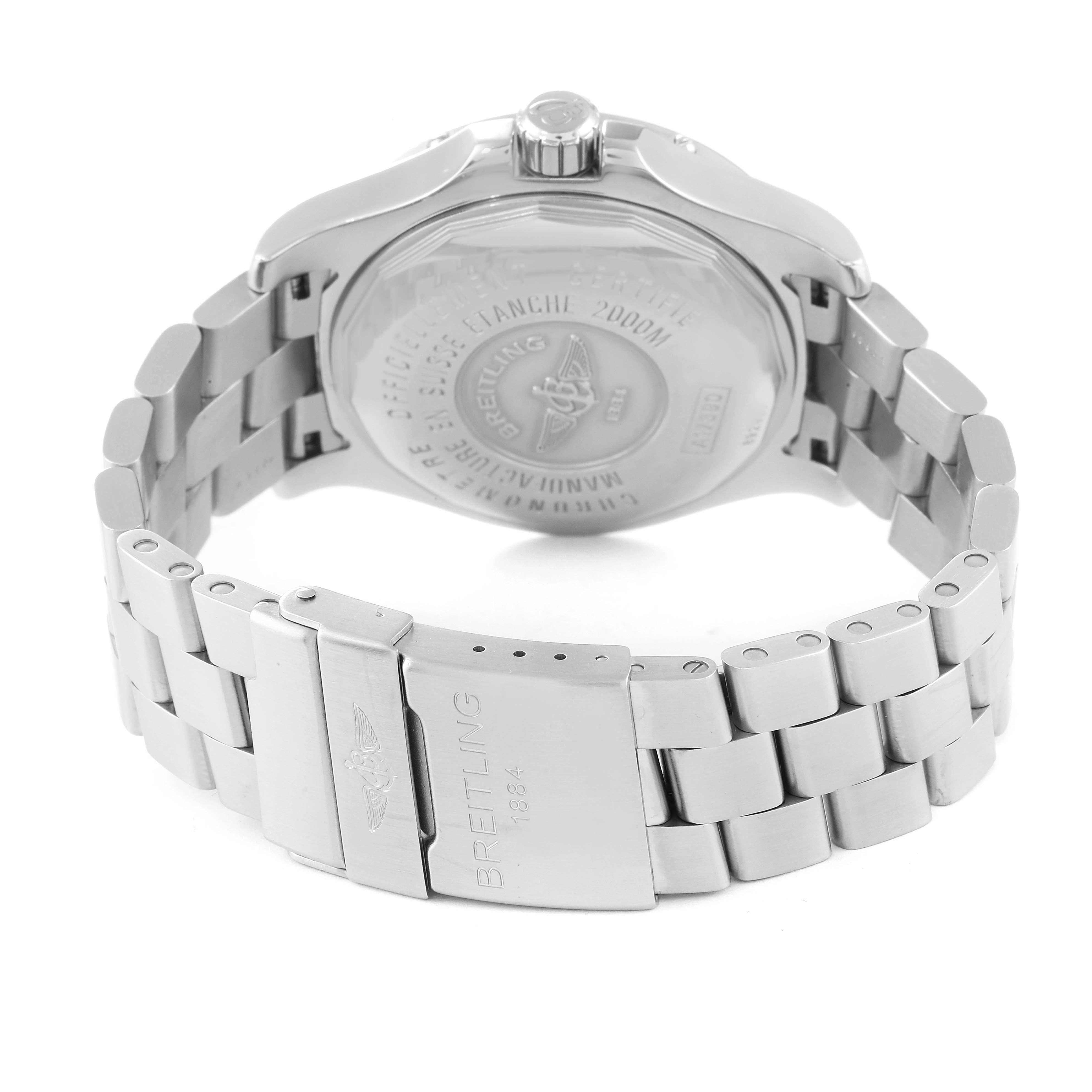 The image shows the back view and bracelet of a Breitling Superocean A17390 Men's Stainless Steel Blue Dial A17390 Men's Stainless Steel Blue Dial watch.