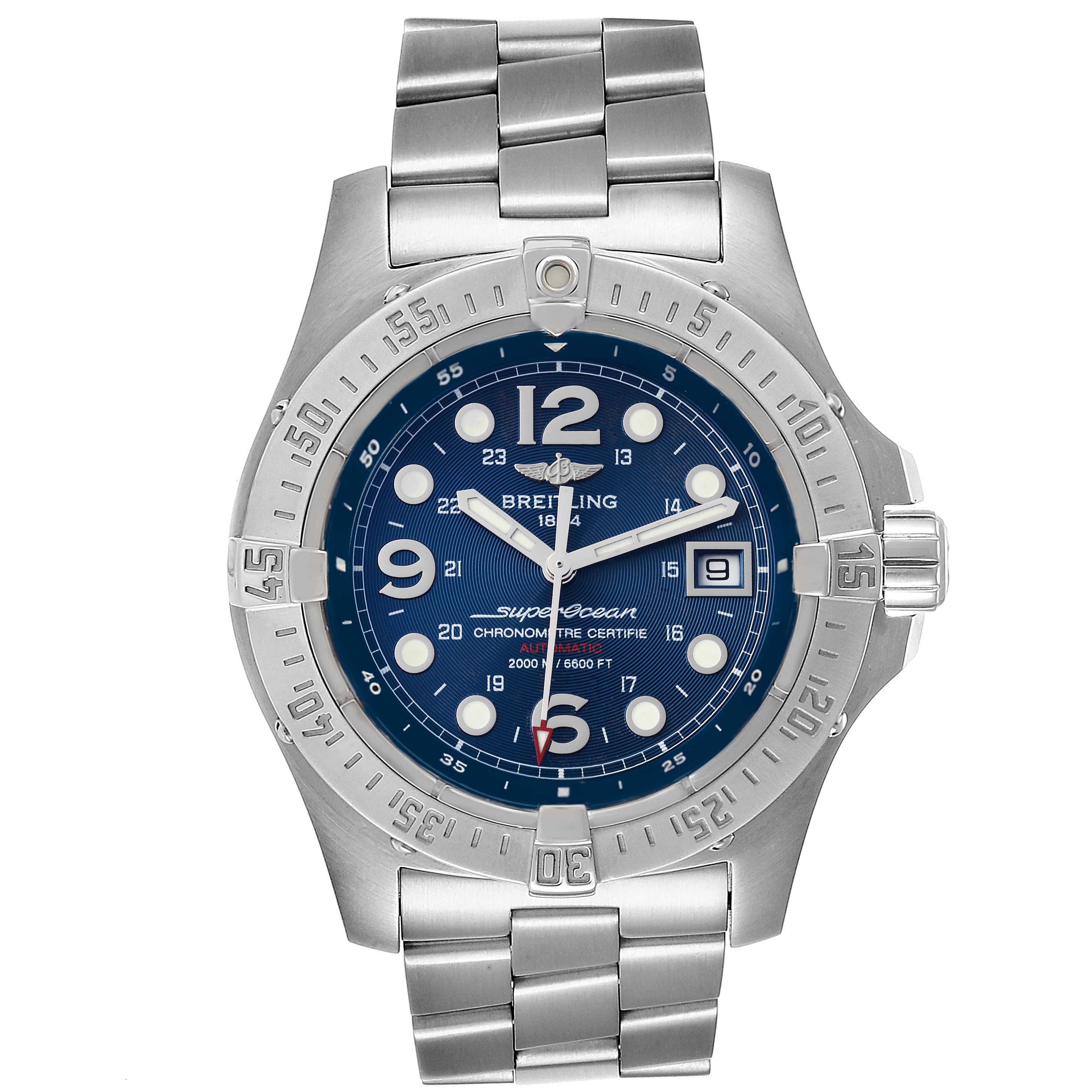This image shows a front view of the Breitling Superocean A17390 Men's Stainless Steel Blue Dial A17390 Men's Stainless Steel Blue Dial watch, displaying its face, bezel, crown, and stainless steel bracelet.