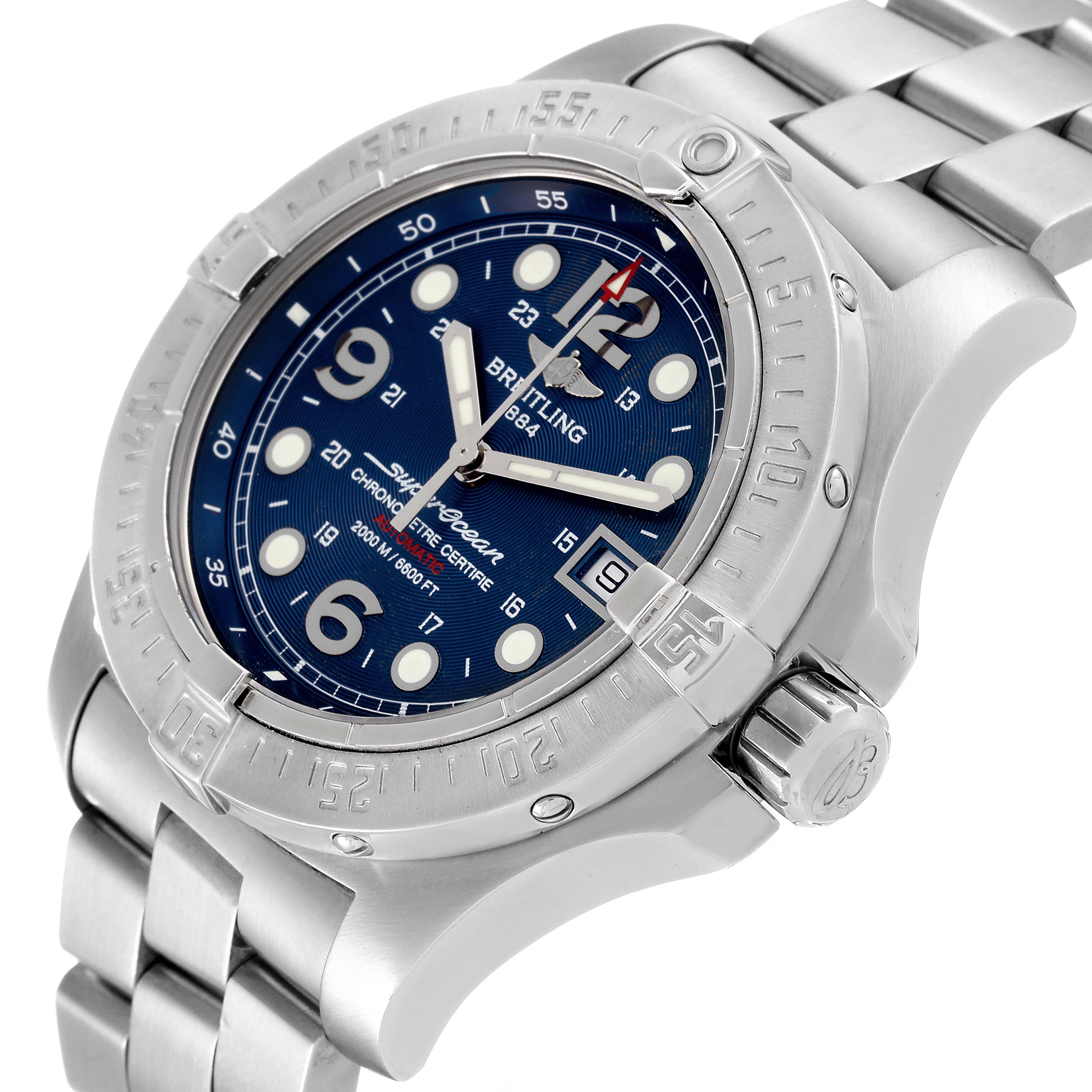 The Breitling Superocean A17390 Men's Stainless Steel Blue Dial A17390 Men's Stainless Steel Blue Dial watch is shown from a slightly angled top view, displaying its face, bezel, crown, and bracelet.