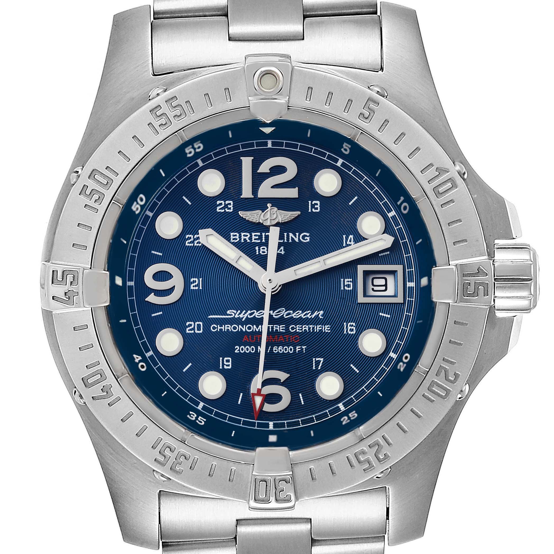 The Breitling Superocean A17390 Men's Stainless Steel Blue Dial A17390 Men's Stainless Steel Blue Dial watch is shown from a front angle, displaying the dial, bezel, hands, crown, and part of the bracelet.