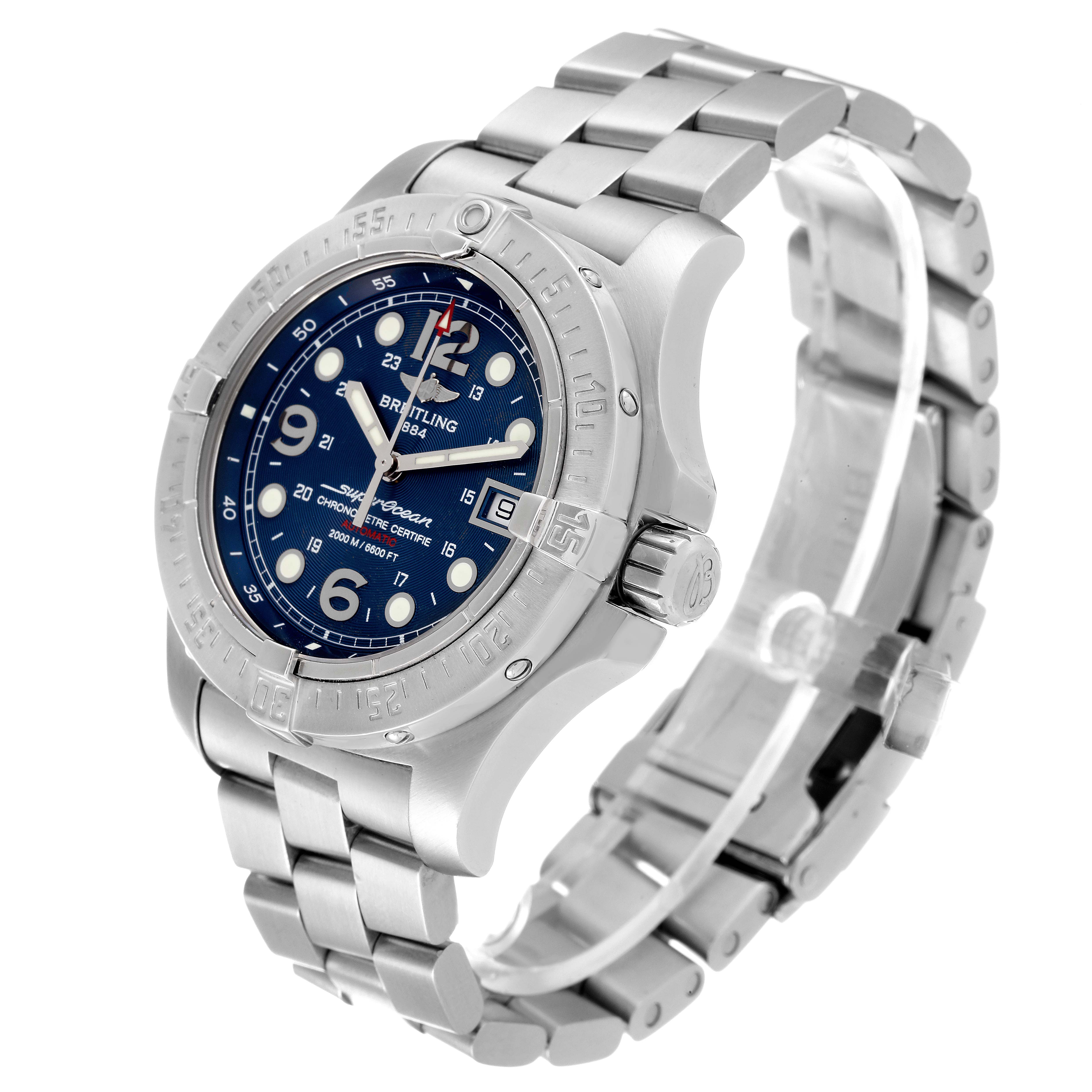 The Breitling Superocean A17390 Men's Stainless Steel Blue Dial A17390 Men's Stainless Steel Blue Dial watch is shown at a 3/4 angle, displaying its dial, bezel, case, and stainless steel bracelet.