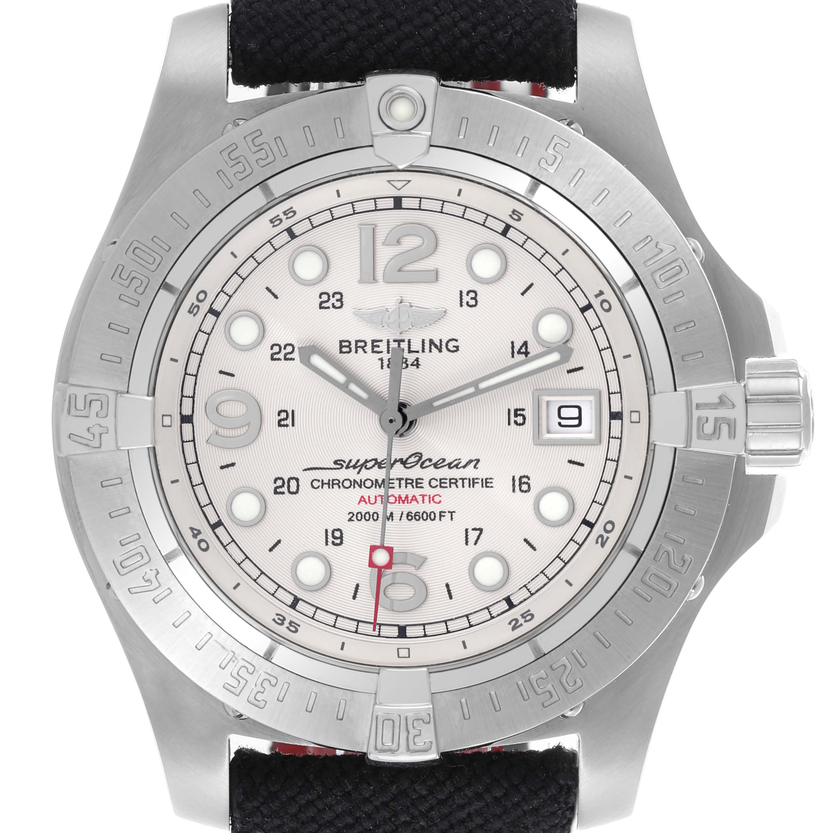 The image shows a front view of a Breitling Superocean A1739010/G591-2LT Men
s Stainless Steel Silver Dial A1739010/G591-2LT Men
s Stainless Steel Silver Dial watch, highlighting its dial, bezel, and crown.