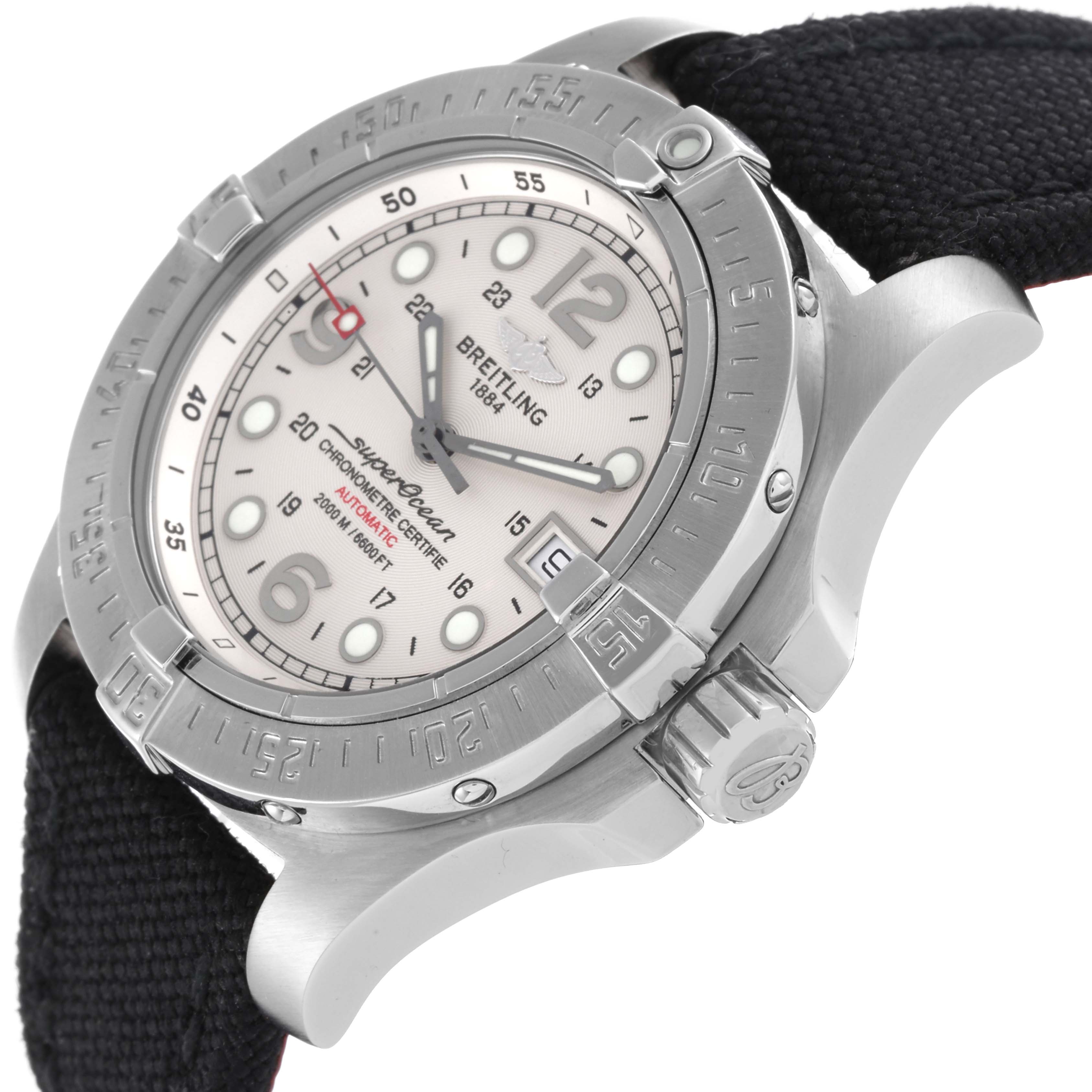 The Breitling Superocean A1739010/G591-2LT Men
s Stainless Steel Silver Dial A1739010/G591-2LT Men
s Stainless Steel Silver Dial watch is shown at a tilted angle, highlighting the face, bezel, and strap attachment.