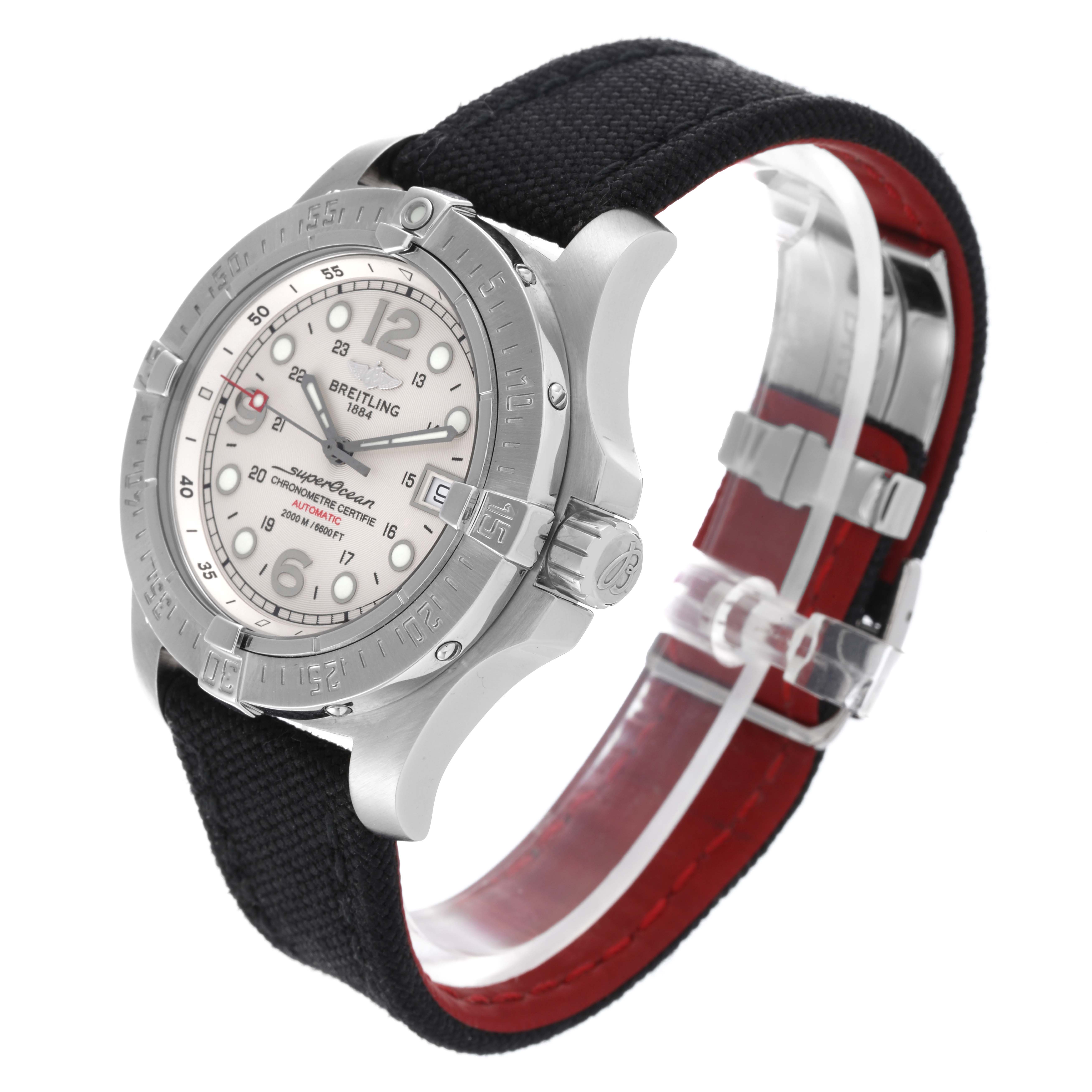 The image shows a Breitling Superocean A1739010/G591-2LT Men
s Stainless Steel Silver Dial A1739010/G591-2LT Men
s Stainless Steel Silver Dial watch at a three-quarter angle, displaying the face, bezel, crown, and strap.