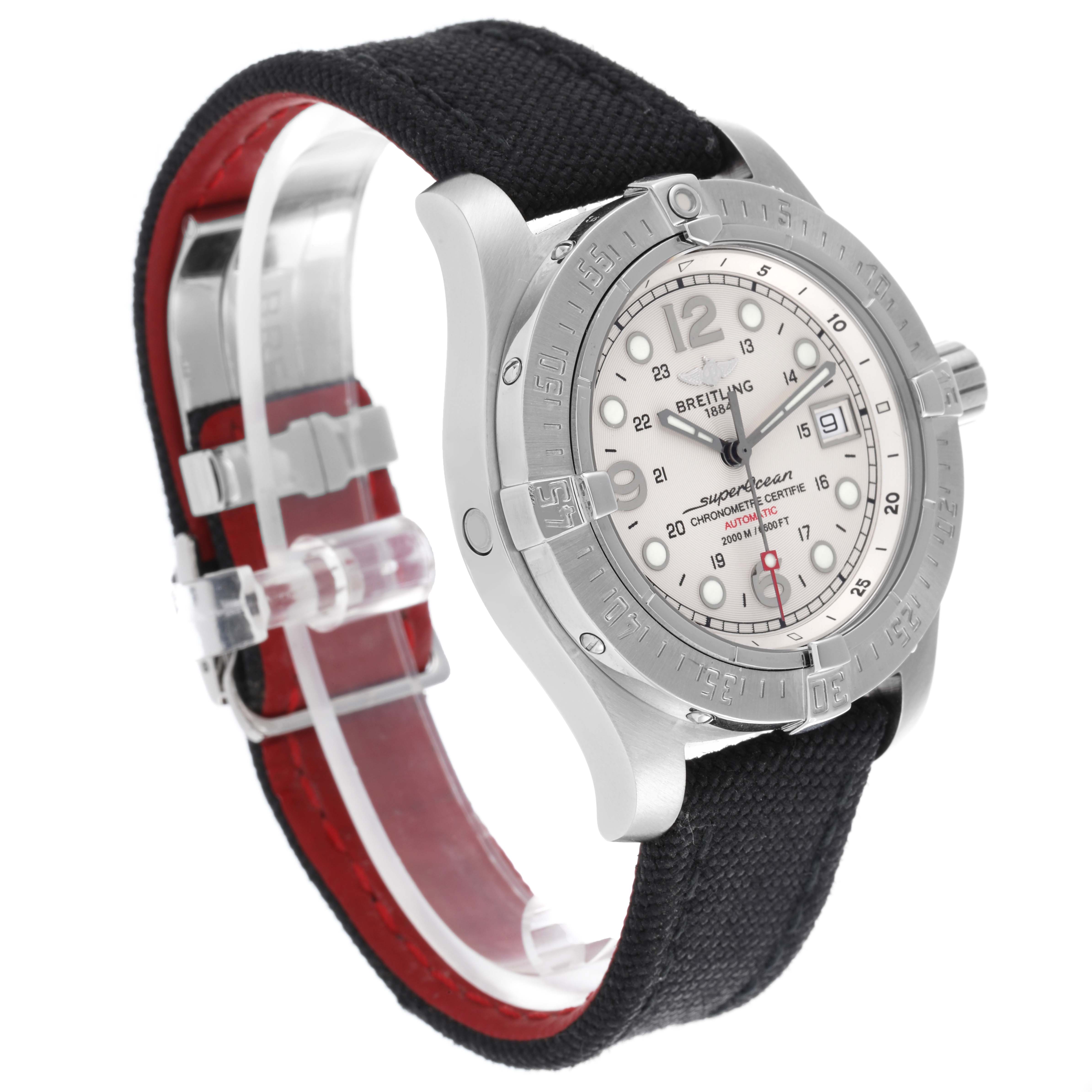 The Breitling Superocean A1739010/G591-2LT Men
s Stainless Steel Silver Dial A1739010/G591-2LT Men
s Stainless Steel Silver Dial watch is shown at a three-quarter angle, highlighting the bezel, dial, and fabric strap.