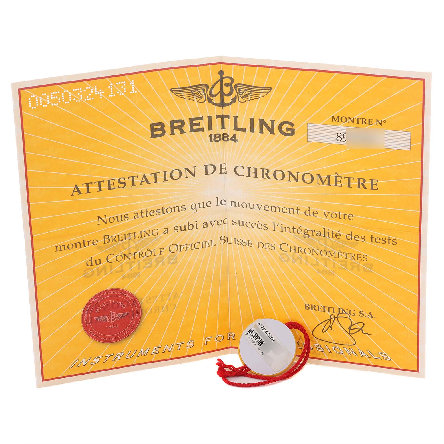 This image shows a certificate and tag for the Breitling Superocean A1739010/G591-2LT Men
s Stainless Steel Silver Dial A1739010/G591-2LT Men
s Stainless Steel Silver Dial model, featuring an attestation of chronometer.
