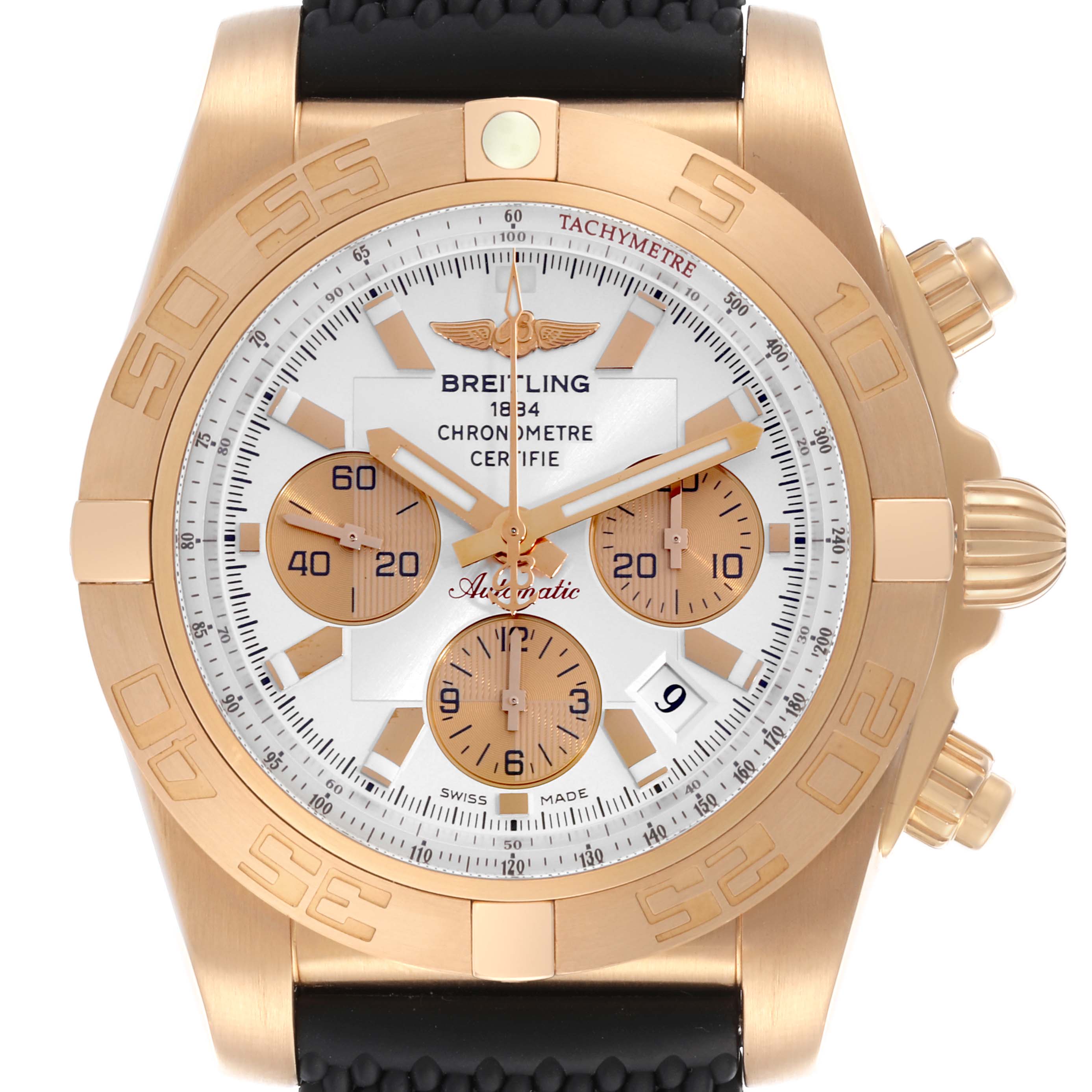 The image shows a front view of a Breitling Chronomat HB0110 Men
s Rose Gold Silver Dial HB0110 Men
s Rose Gold Silver Dial with a gold case, black strap, and visible chronograph dials and date display.