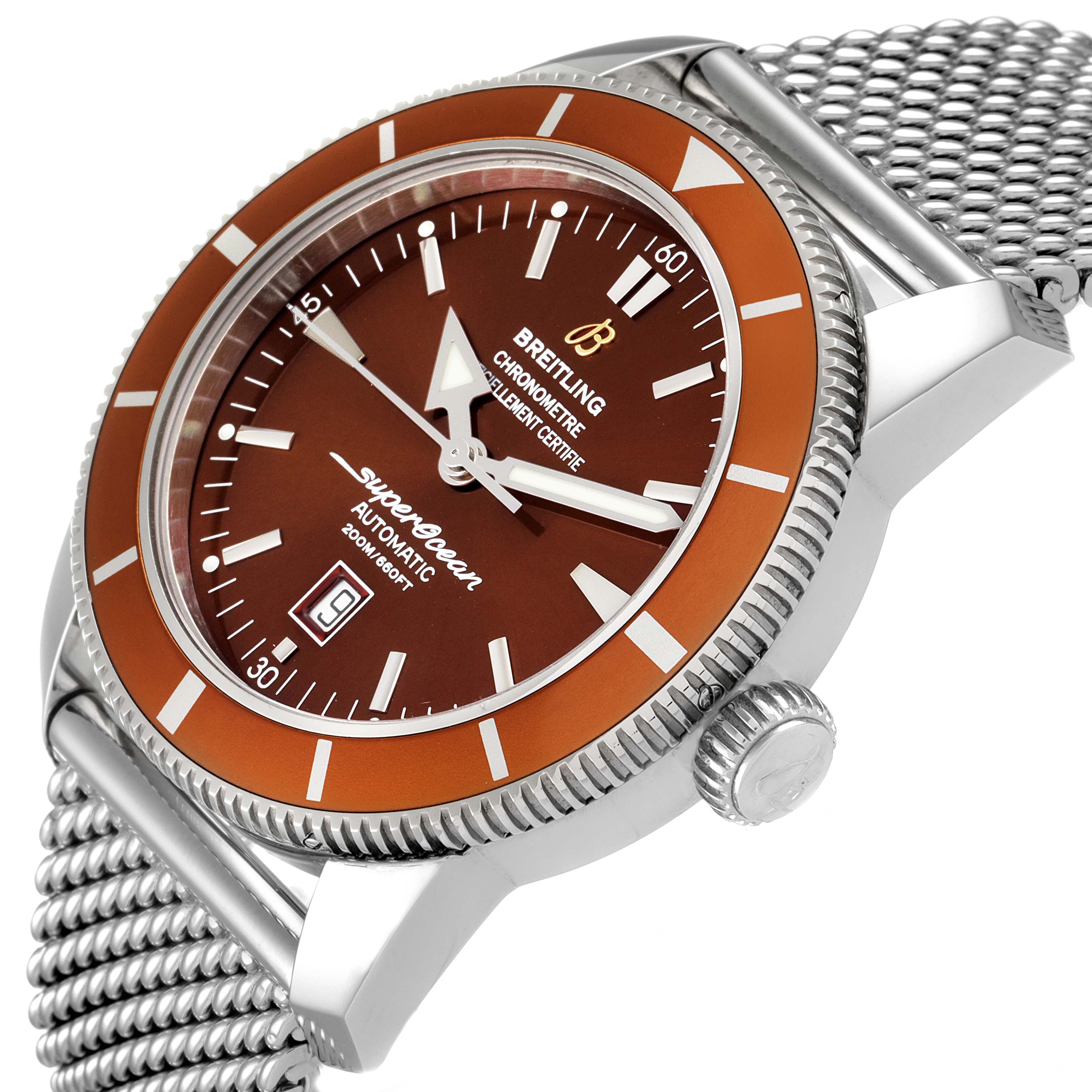 This image shows a side view of the Breitling Superocean A17320 Men's Stainless Steel Brown Dial A17320 Men's Stainless Steel Brown Dial watch, highlighting the bezel, dial, crown, and mesh bracelet.