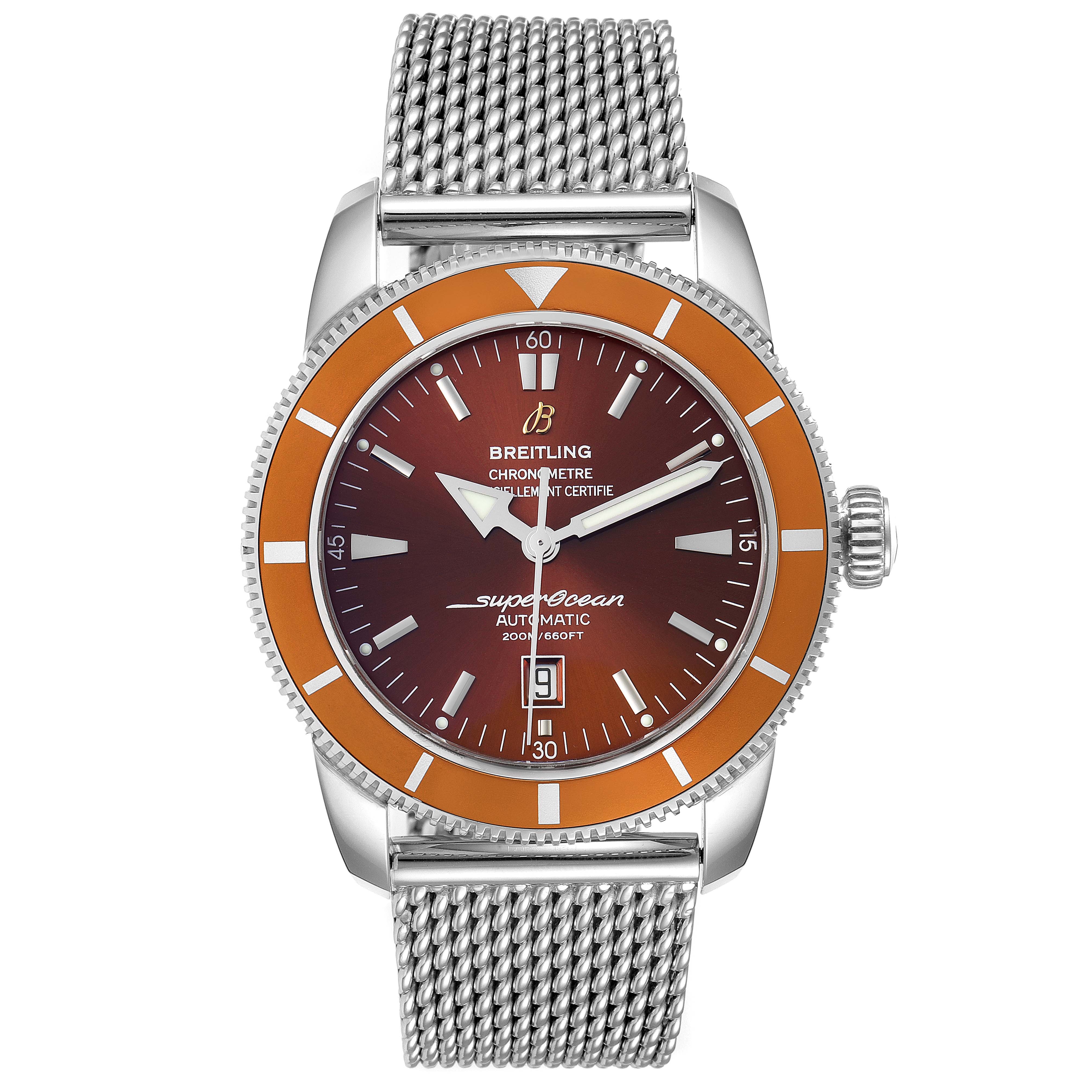 This image shows a front view of a Breitling Superocean A17320 Men's Stainless Steel Brown Dial A17320 Men's Stainless Steel Brown Dial watch with an orange bezel and a metallic mesh band.