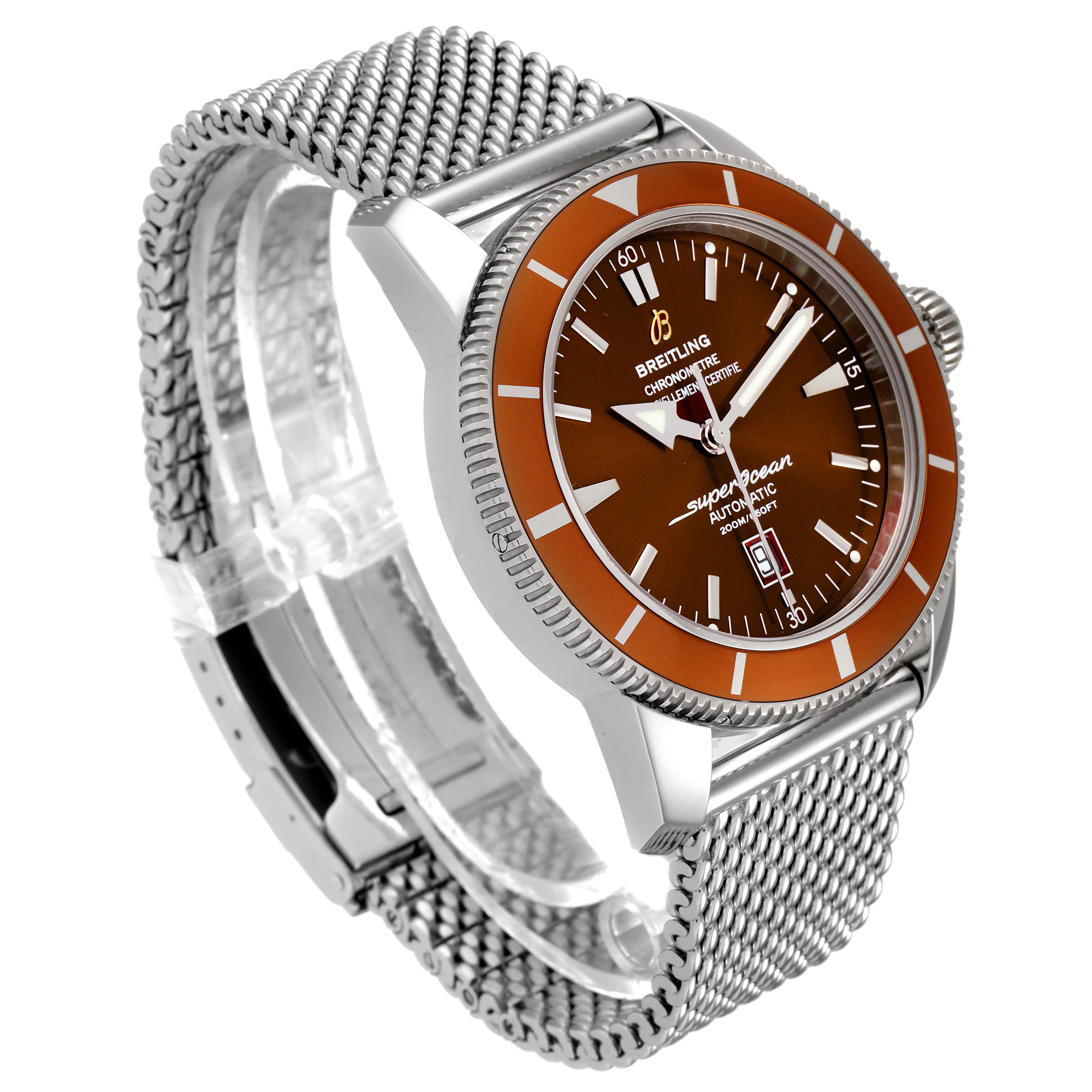 The image shows a Breitling Superocean A17320 Men's Stainless Steel Brown Dial A17320 Men's Stainless Steel Brown Dial watch at an angle, highlighting its face, bezel, and mesh bracelet.