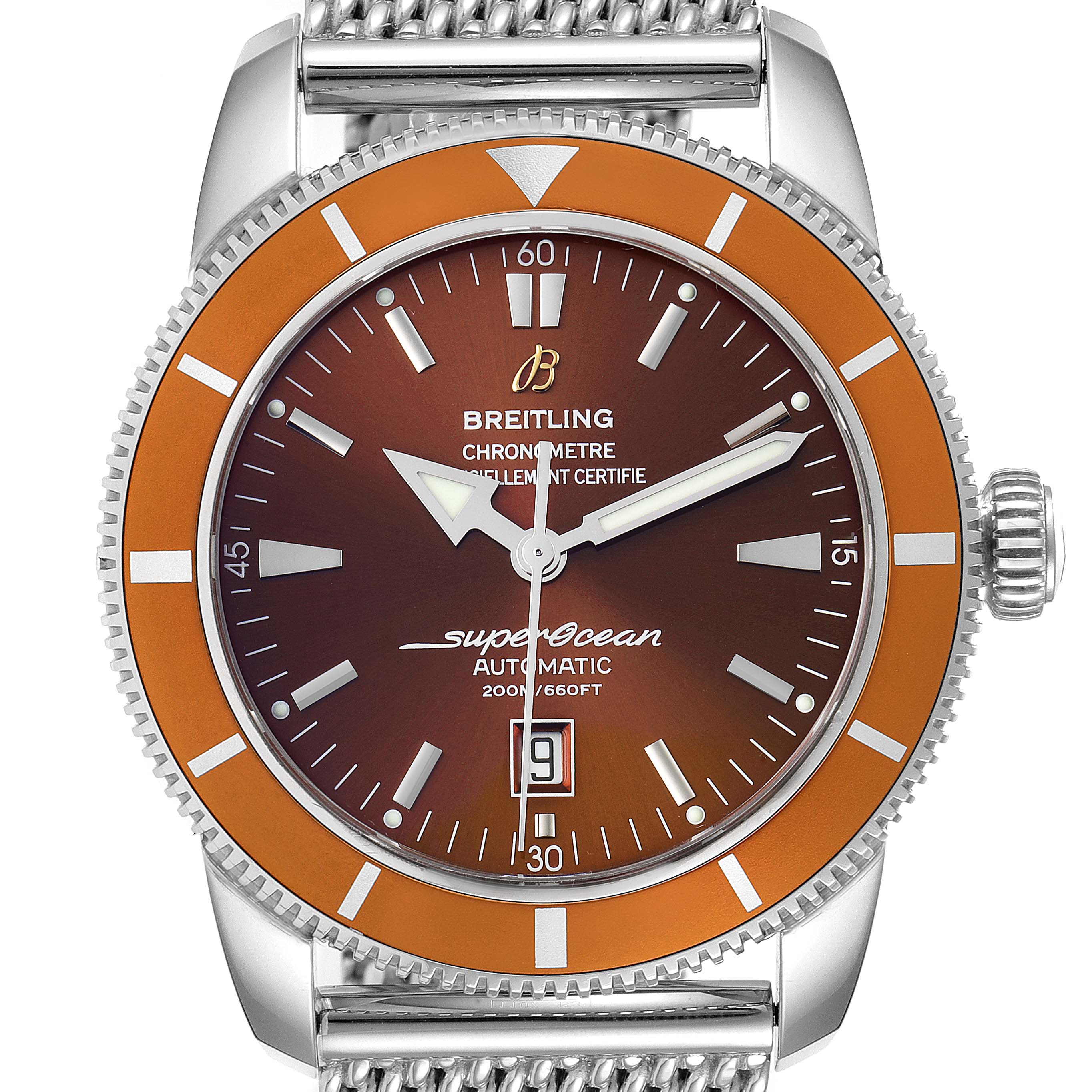 This image shows a close-up, front view of a Breitling Superocean A17320 Men's Stainless Steel Brown Dial A17320 Men's Stainless Steel Brown Dial watch with an orange bezel and brown dial.