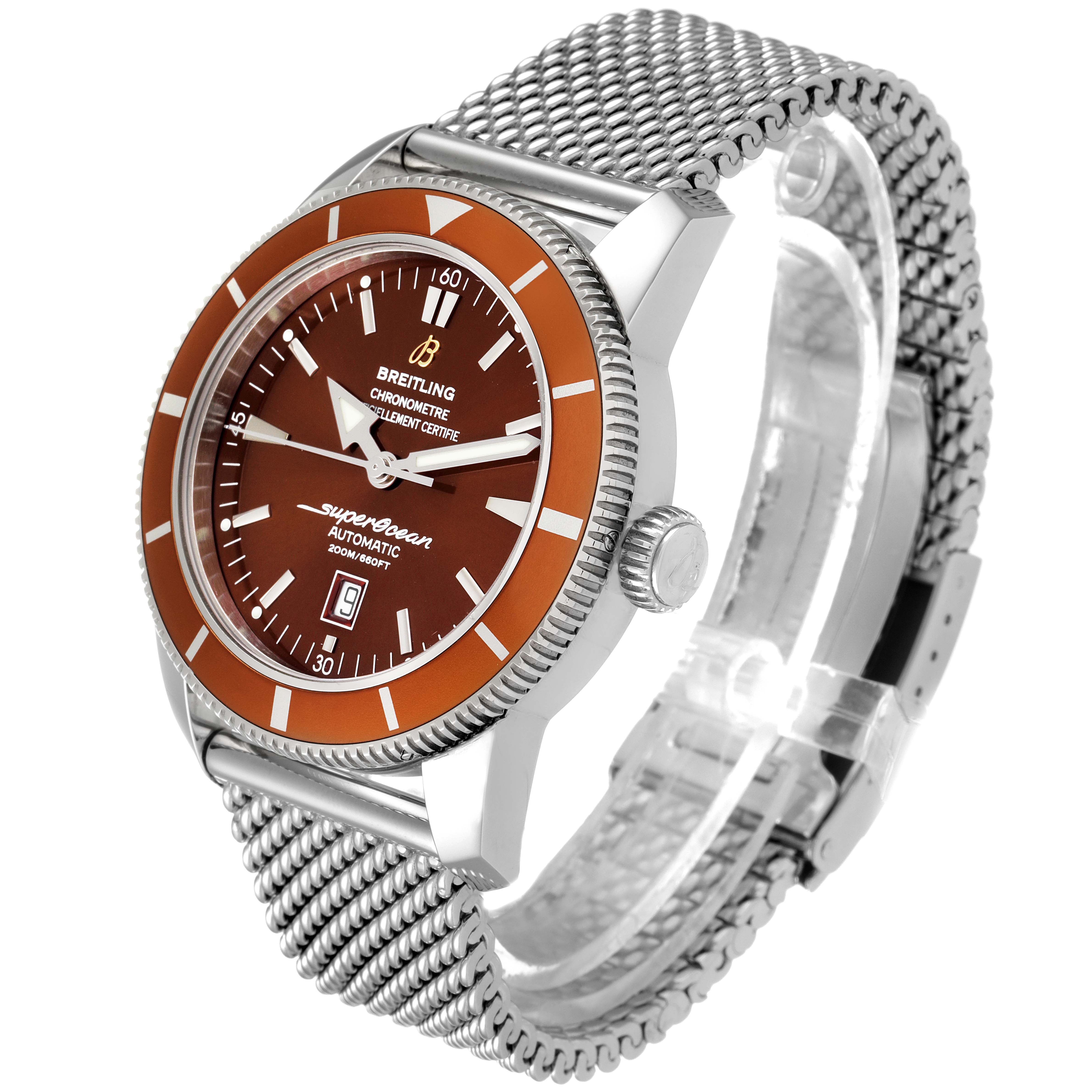 The image shows a Breitling Superocean A17320 Men's Stainless Steel Brown Dial A17320 Men's Stainless Steel Brown Dial watch at a three-quarter angle, highlighting its mesh bracelet, crown, and dial.