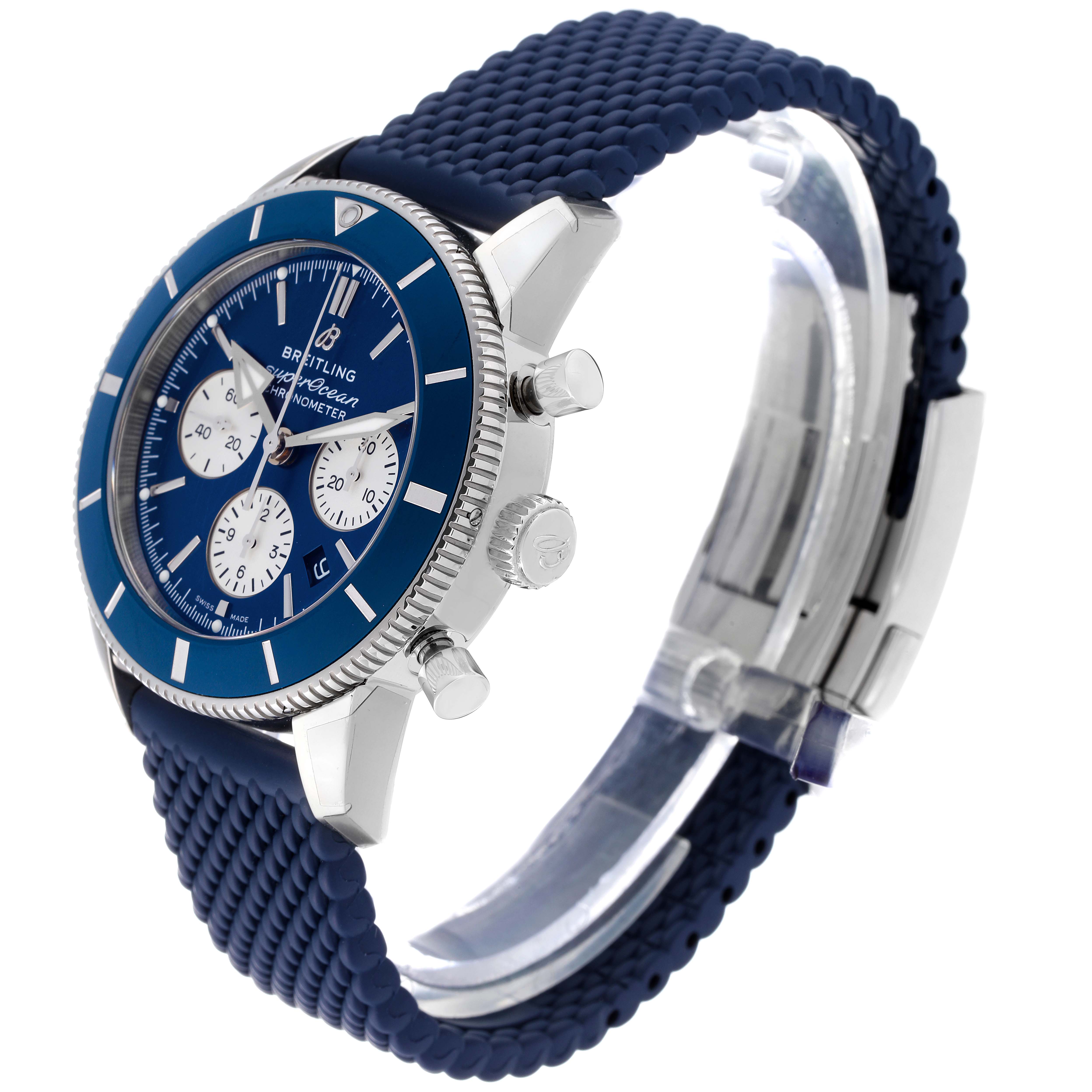 The image shows a Breitling Superocean AB0162161C1S1 Men's Stainless Steel Blue Dial AB0162161C1S1 Men's Stainless Steel Blue Dial watch at an angle highlighting its blue dial, bezel, pushers, crown, and textured strap.