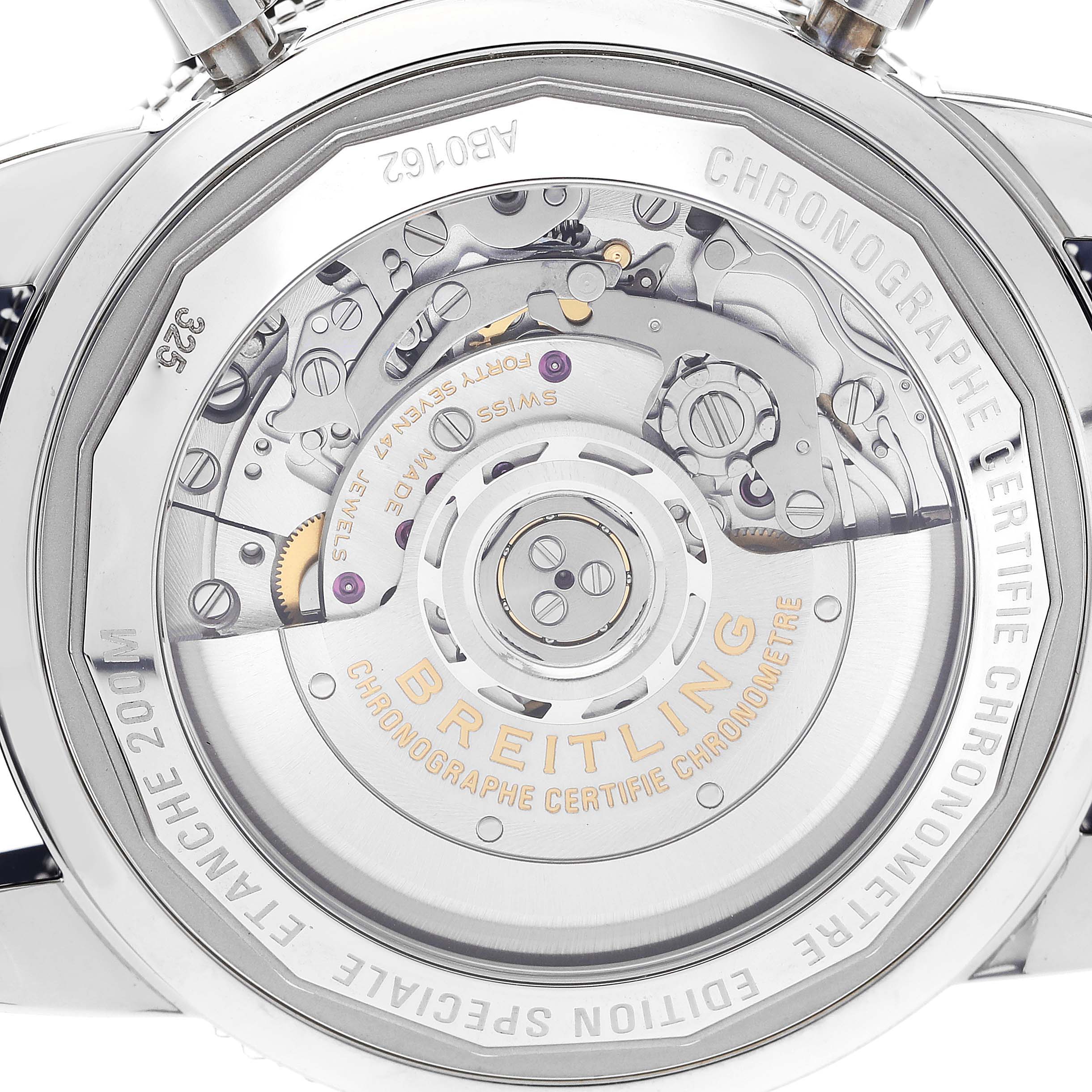 This image shows the back of a Breitling Superocean AB0162161C1S1 Men's Stainless Steel Blue Dial AB0162161C1S1 Men's Stainless Steel Blue Dial watch, highlighting its intricate automatic movement and inner workings.