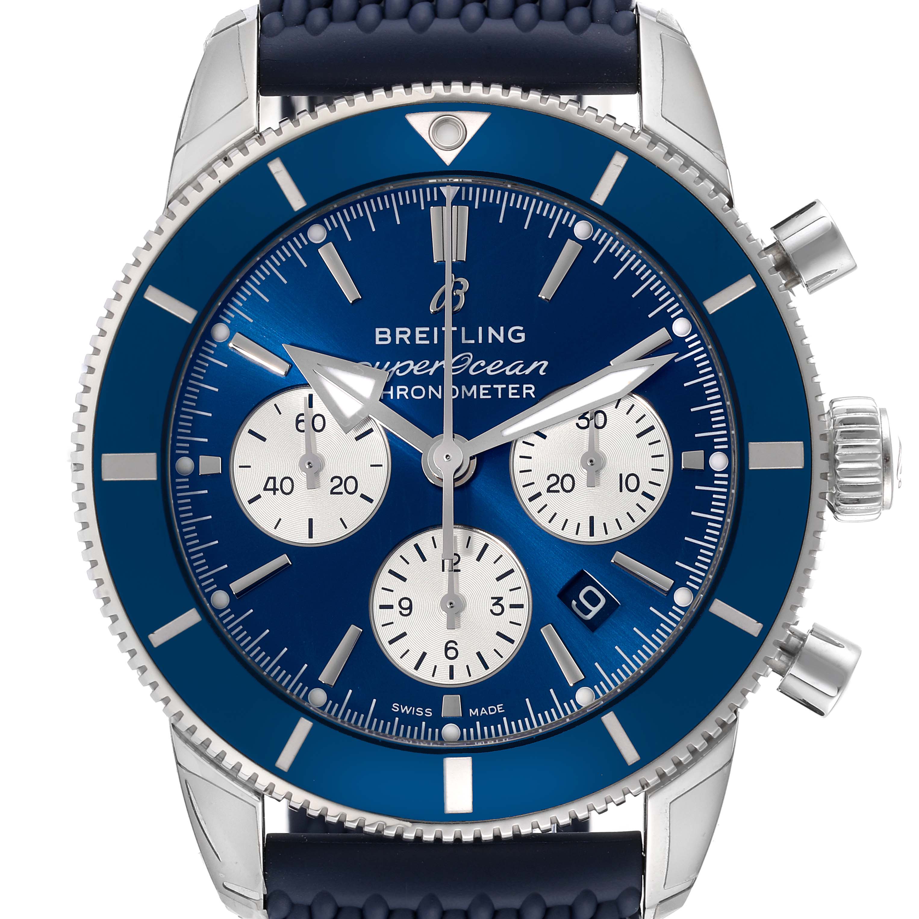A Breitling Superocean AB0162161C1S1 Men's Stainless Steel Blue Dial AB0162161C1S1 Men's Stainless Steel Blue Dial watch is shown from the front, displaying the dial, hands, subdials, and part of the strap.