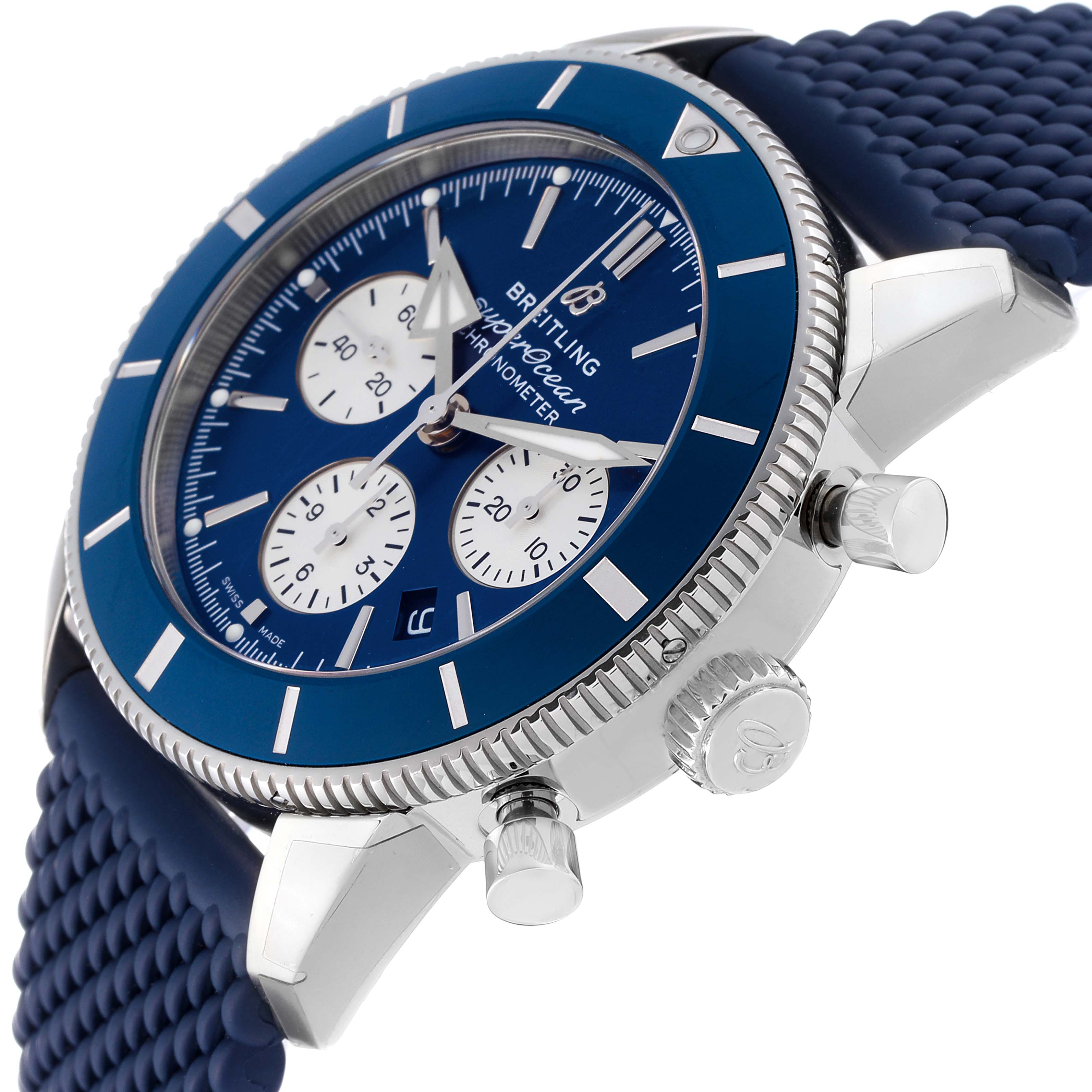 The image shows a side angle of the Breitling Superocean AB0162161C1S1 Men's Stainless Steel Blue Dial AB0162161C1S1 Men's Stainless Steel Blue Dial watch, highlighting its bezel, dial, crown, and pushers.