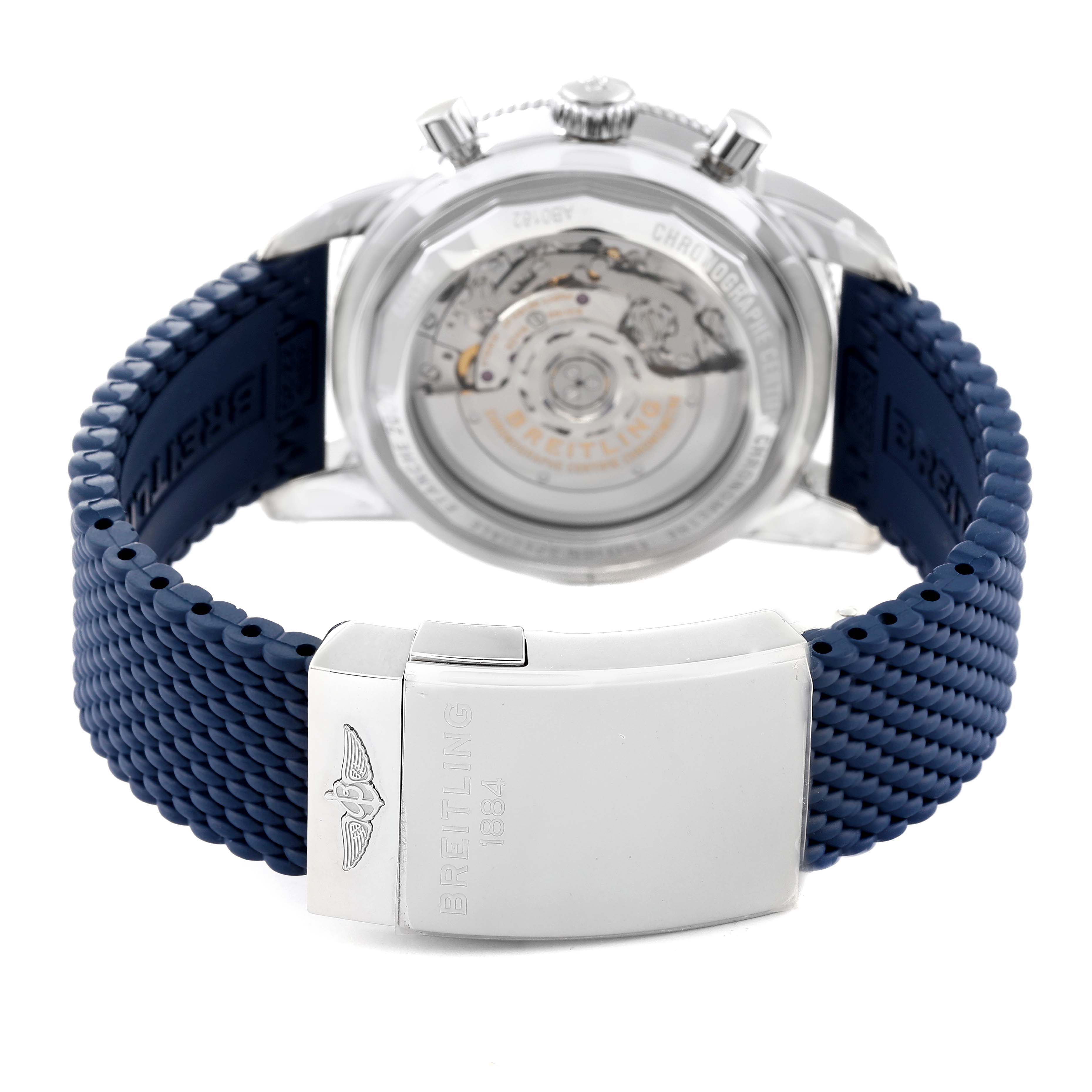 The image shows the back of a Breitling Superocean AB0162161C1S1 Men's Stainless Steel Blue Dial AB0162161C1S1 Men's Stainless Steel Blue Dial watch, highlighting its blue strap and stainless steel clasp.