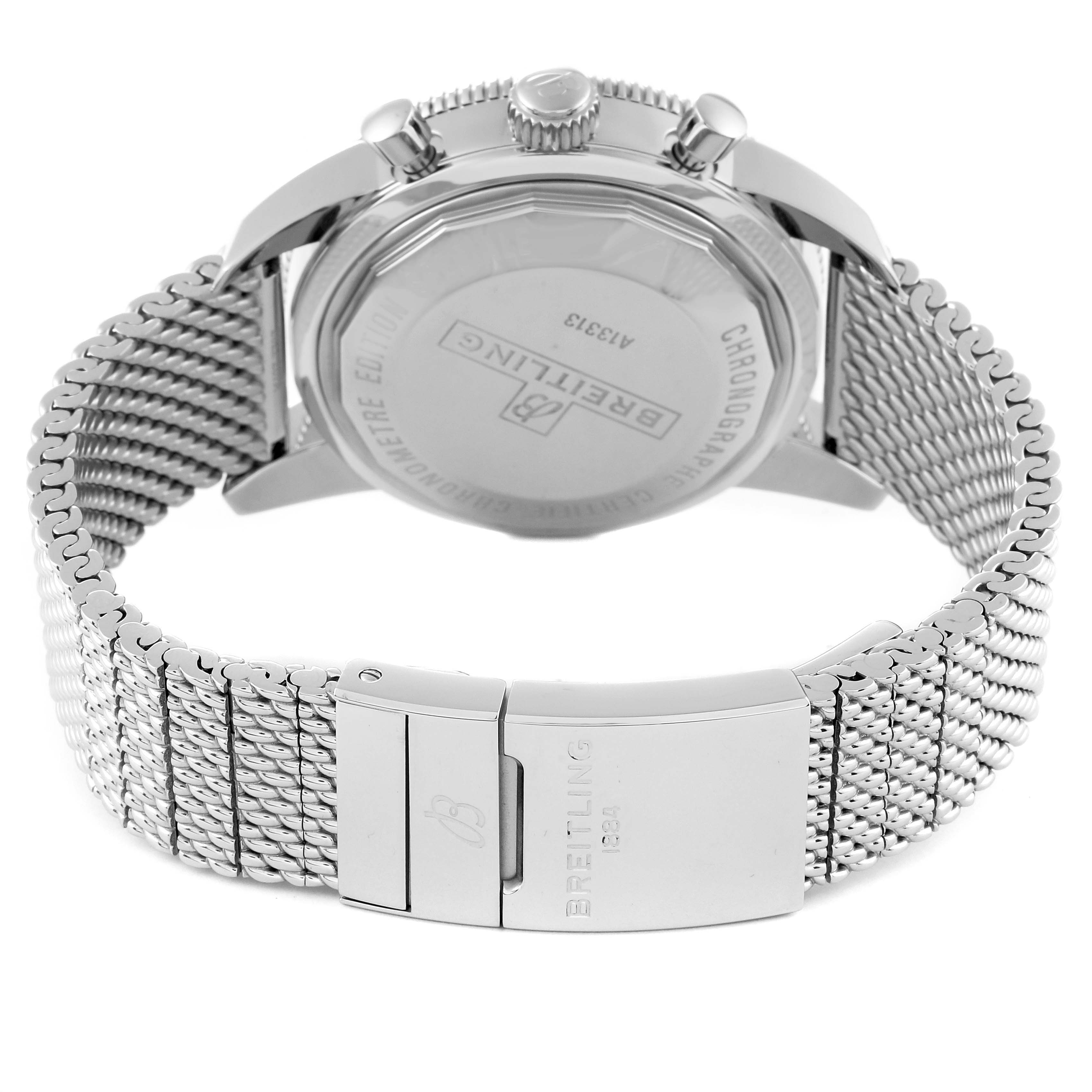 The image shows the back case and mesh strap of a Breitling Superocean A13313 Men's Stainless Steel Blue Dial A13313 Men's Stainless Steel Blue Dial watch, highlighting the clasp and engraved case back.