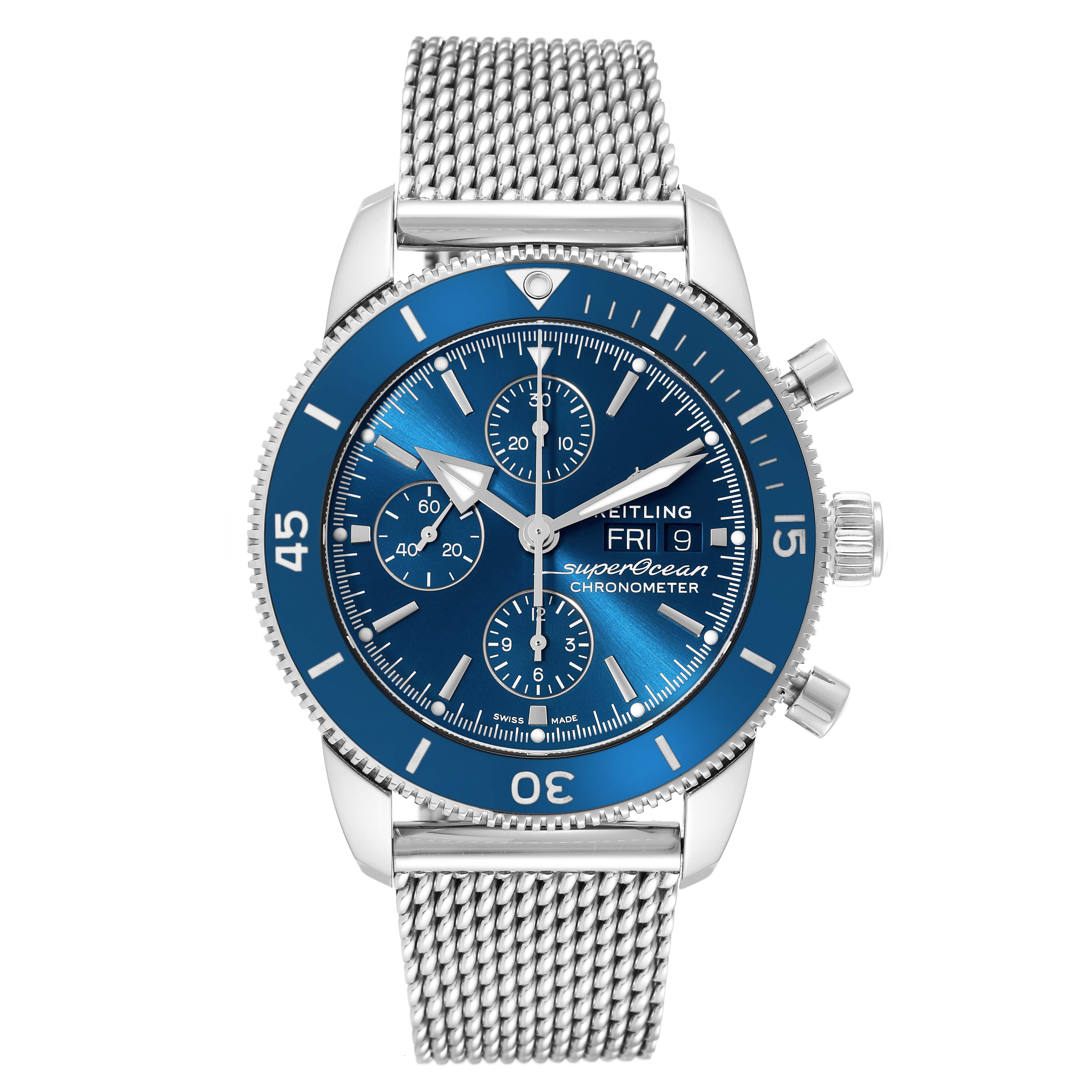 The image shows a front view of a Breitling Superocean A13313 Men's Stainless Steel Blue Dial A13313 Men's Stainless Steel Blue Dial chronometer with a blue dial and a mesh bracelet.