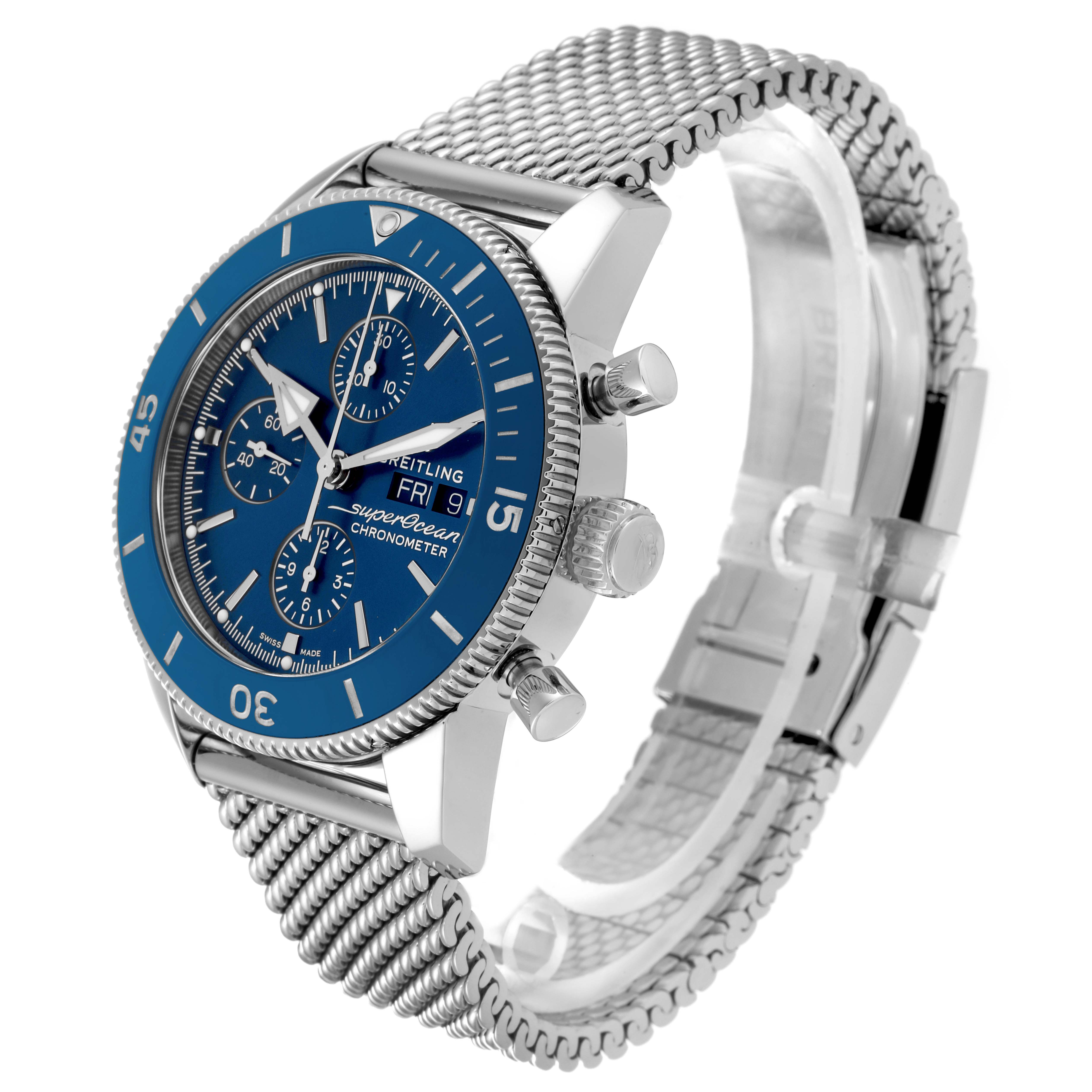 The image shows a side angle of the Breitling Superocean A13313 Men's Stainless Steel Blue Dial A13313 Men's Stainless Steel Blue Dial watch featuring its blue dial, bezel, chronograph buttons, and mesh bracelet.