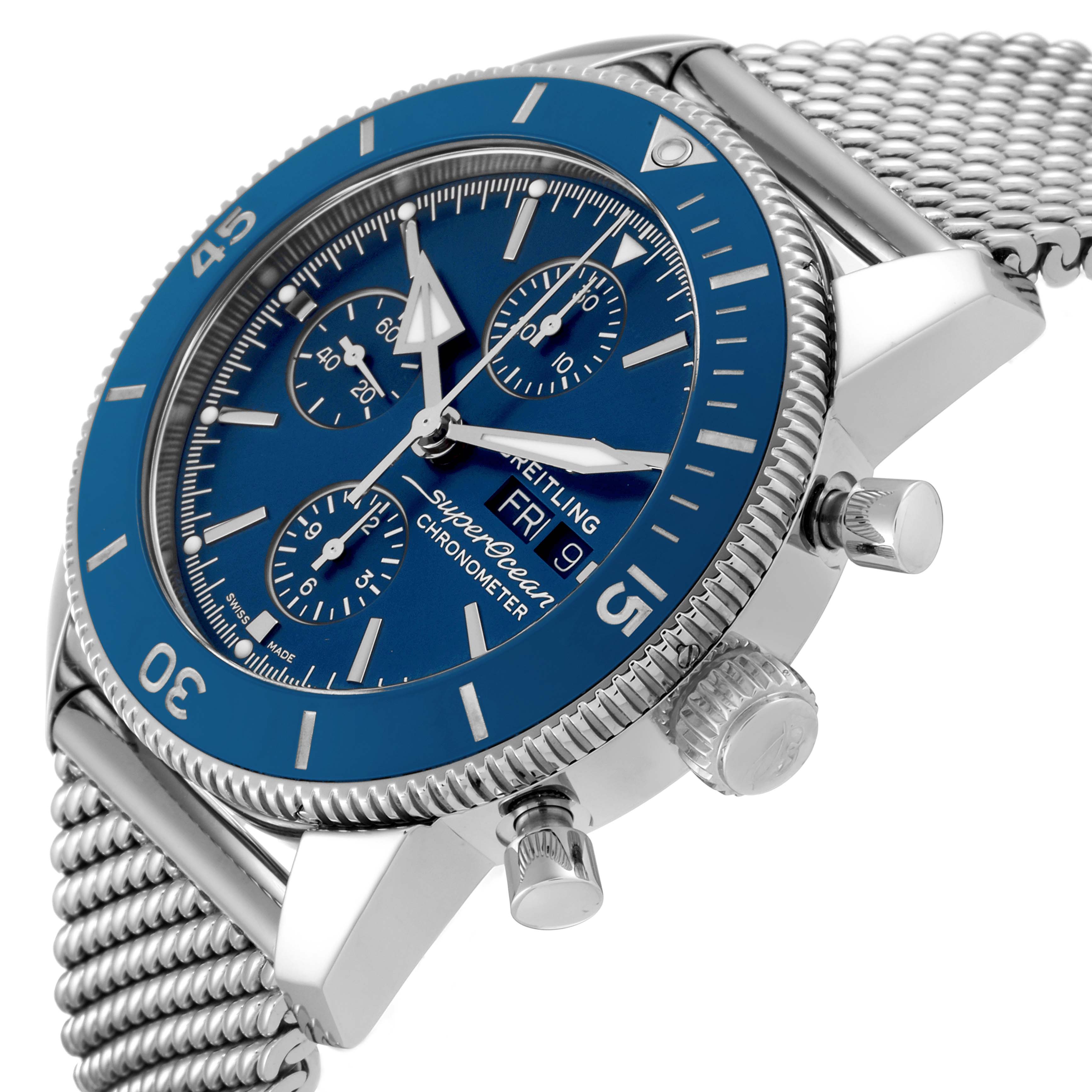 The image shows a close-up angled view of a Breitling Superocean A13313 Men's Stainless Steel Blue Dial A13313 Men's Stainless Steel Blue Dial watch, highlighting its blue dial, chronograph sub-dials, and mesh bracelet.