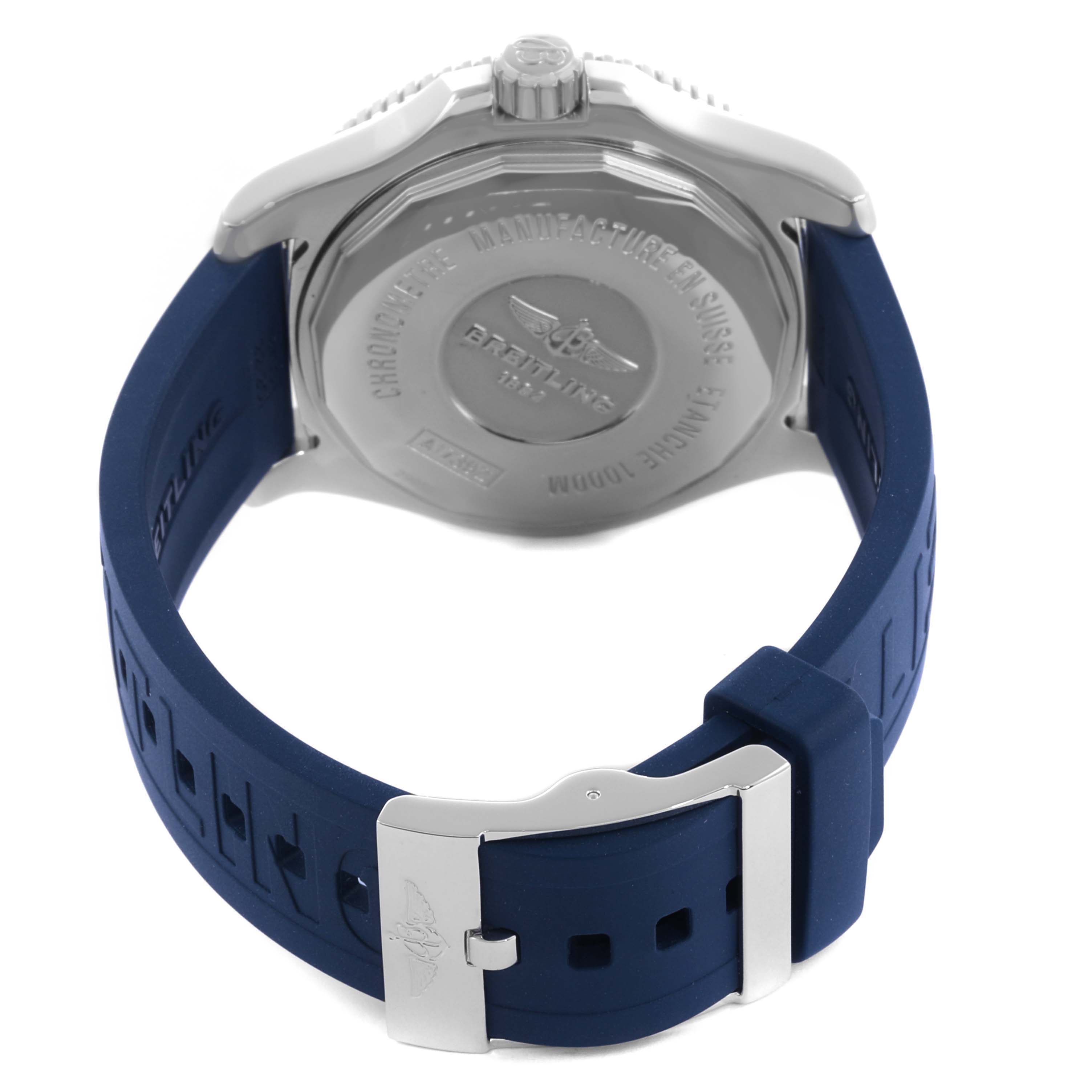 The image shows the back view of the Breitling Superocean A17392 Men's Stainless Steel Blue Dial A17392 Men's Stainless Steel Blue Dial watch with a blue strap and a visible stainless steel case back.