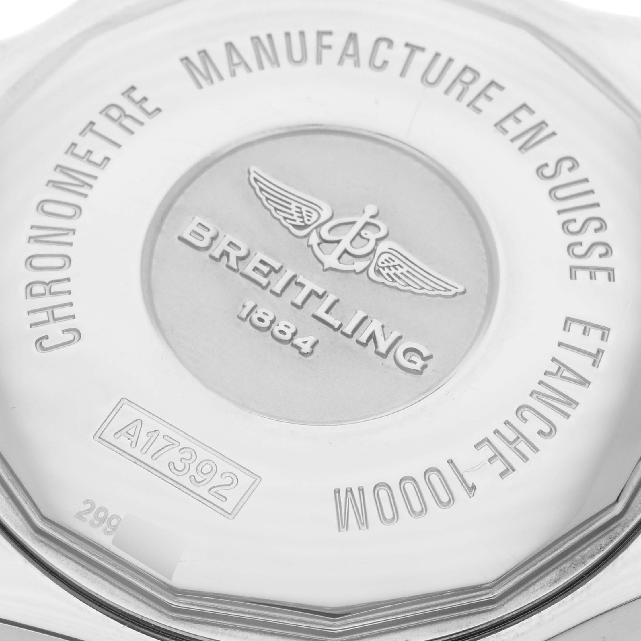 The image shows the back case of a Breitling Superocean A17392 Men's Stainless Steel Blue Dial A17392 Men's Stainless Steel Blue Dial watch, highlighting engravings and the brand logo.