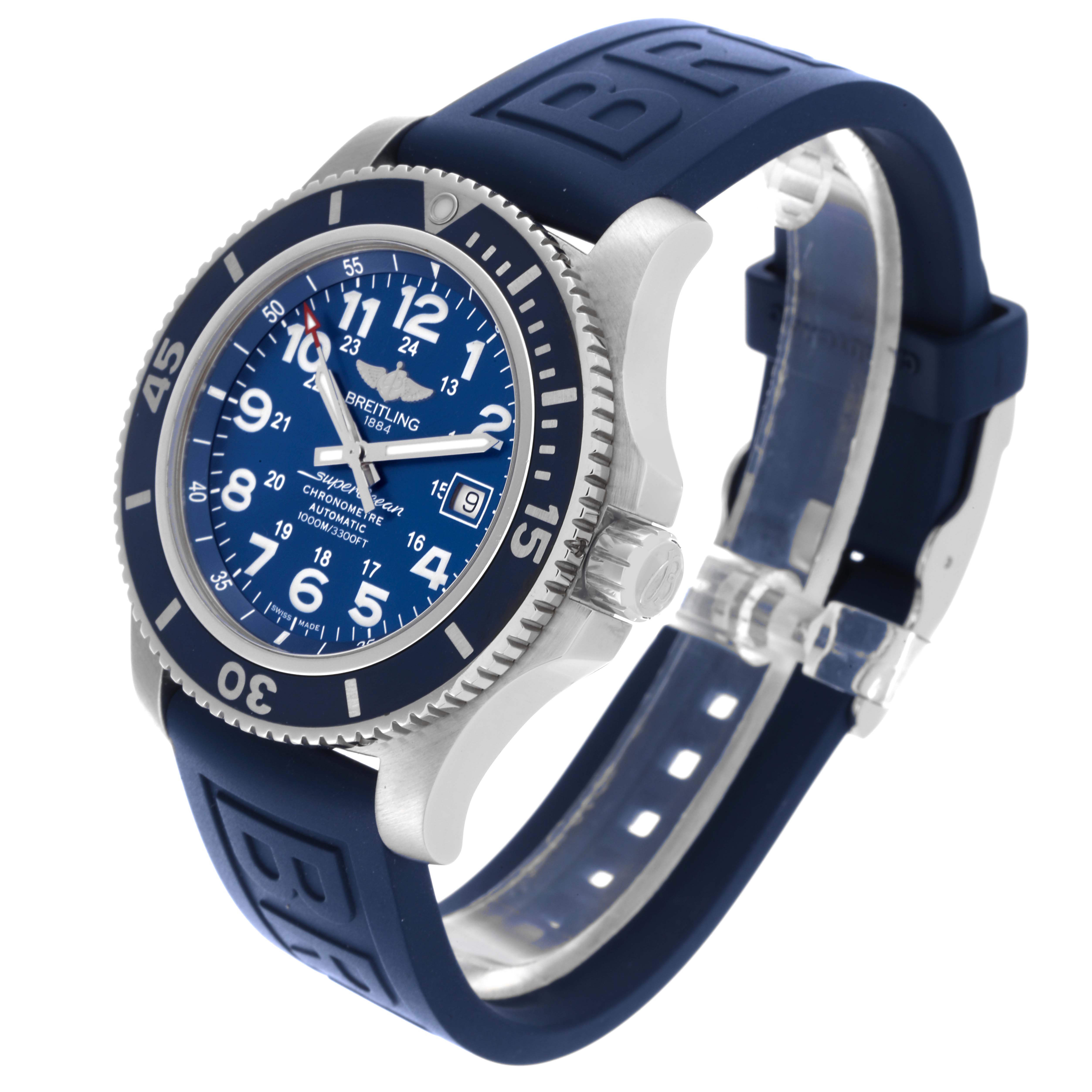 The Breitling Superocean A17392 Men's Stainless Steel Blue Dial A17392 Men's Stainless Steel Blue Dial watch is shown at an angle highlighting the face, bezel, crown, and blue strap.