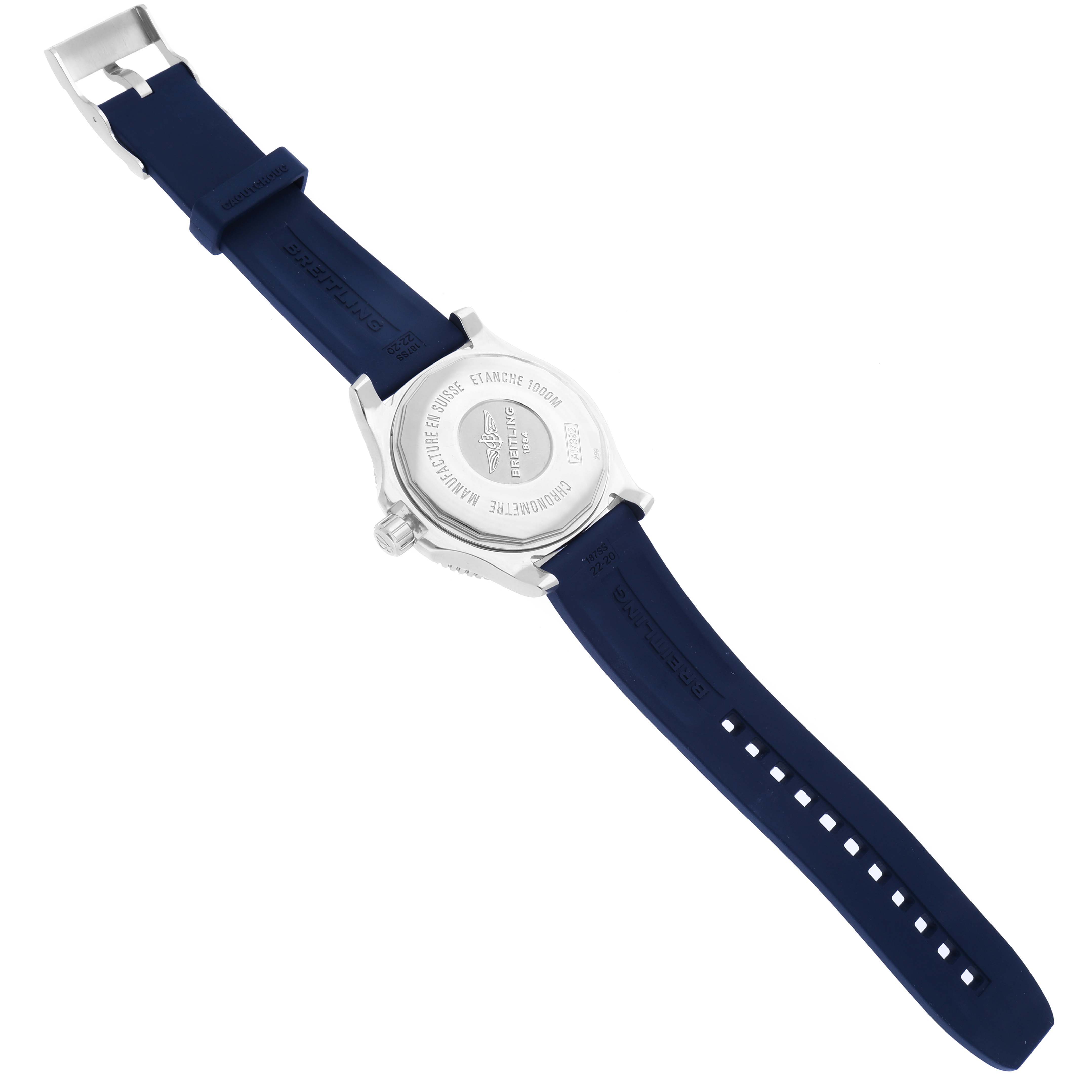 The Breitling Superocean A17392 Men's Stainless Steel Blue Dial A17392 Men's Stainless Steel Blue Dial watch is shown from the back, highlighting the case back and blue rubber strap.