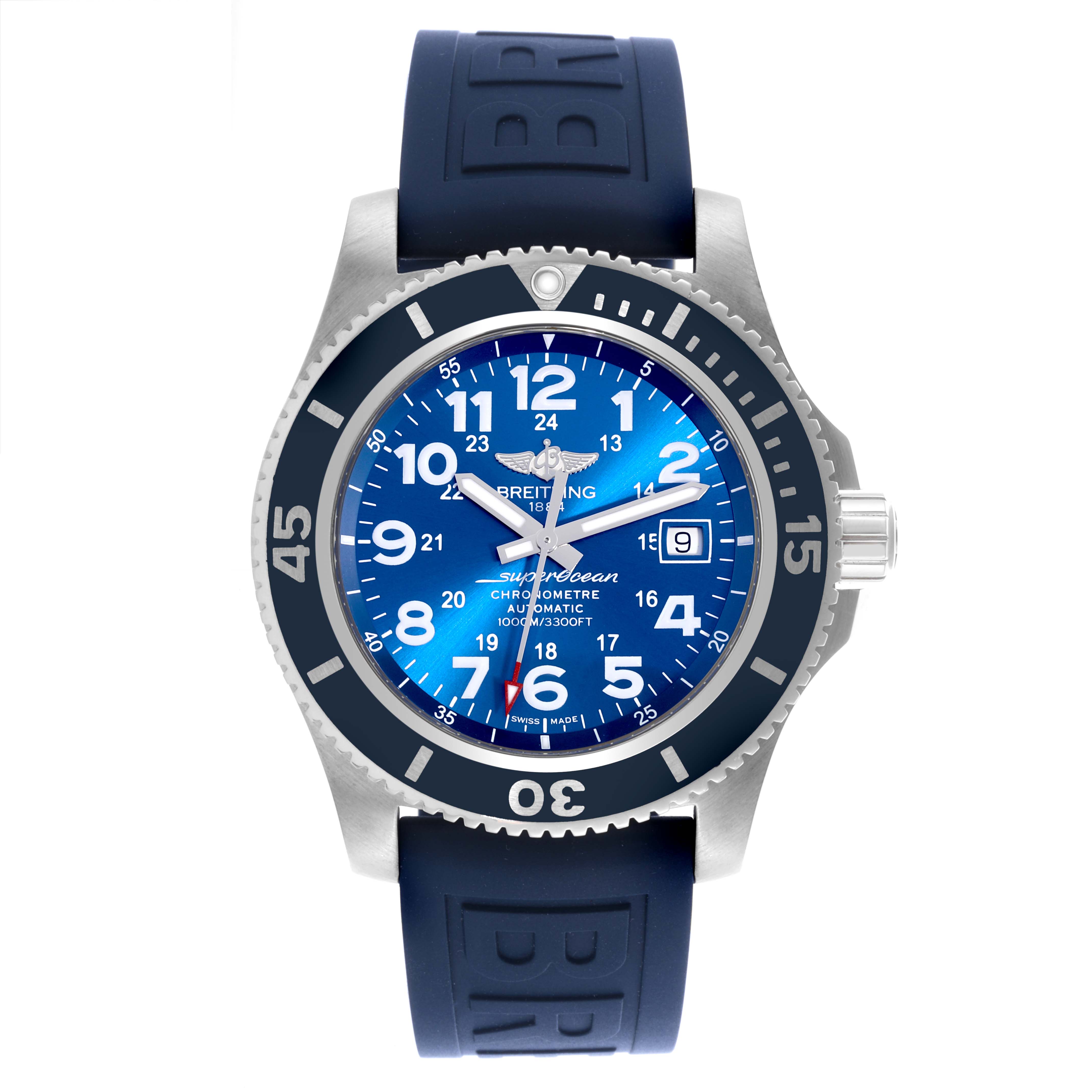 The Breitling Superocean A17392 Men's Stainless Steel Blue Dial A17392 Men's Stainless Steel Blue Dial watch is shown from the front, displaying the dial, bezel, and rubber strap.