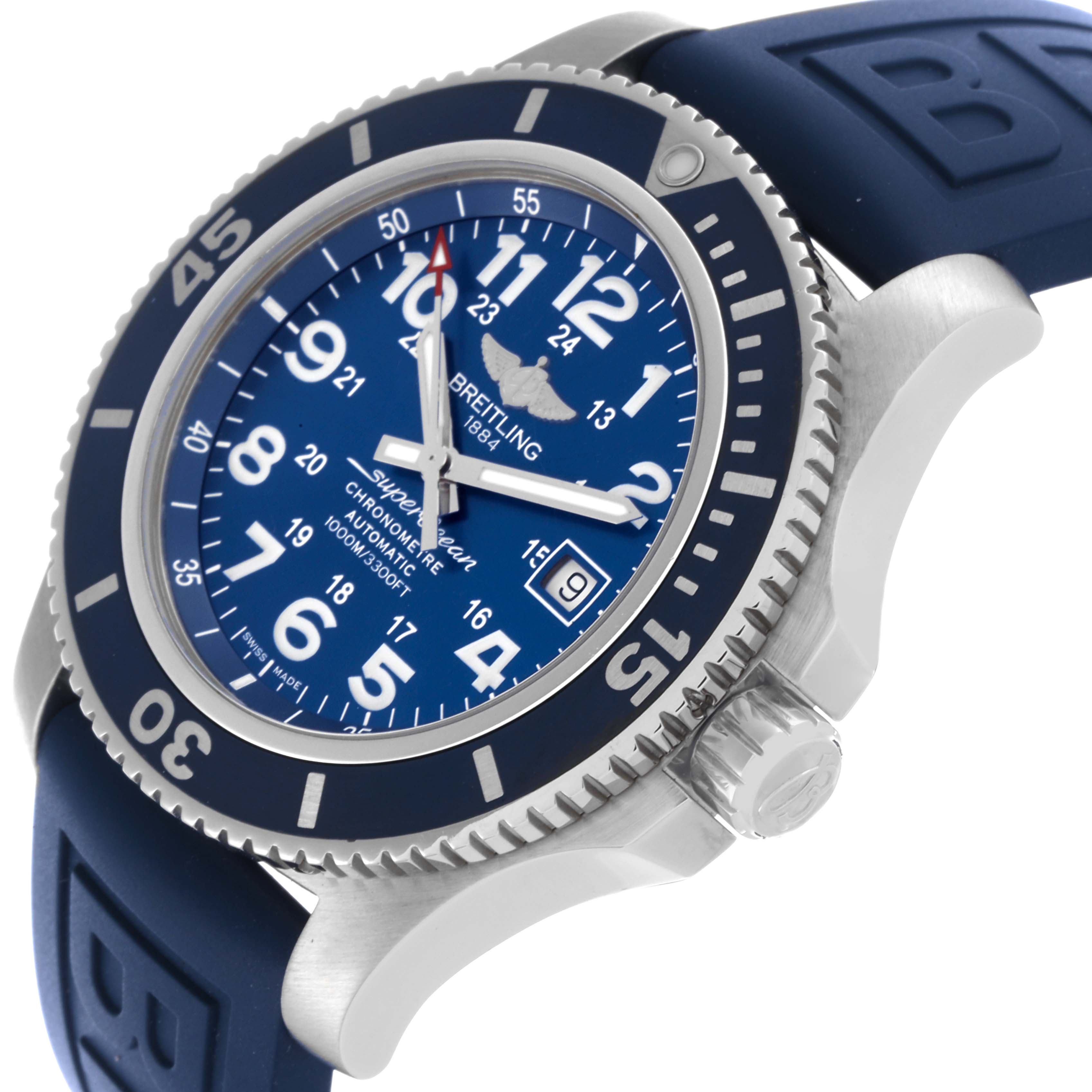 The Breitling Superocean A17392 Men's Stainless Steel Blue Dial A17392 Men's Stainless Steel Blue Dial watch is shown at a slight angle highlighting the blue dial, bezel, and crown.